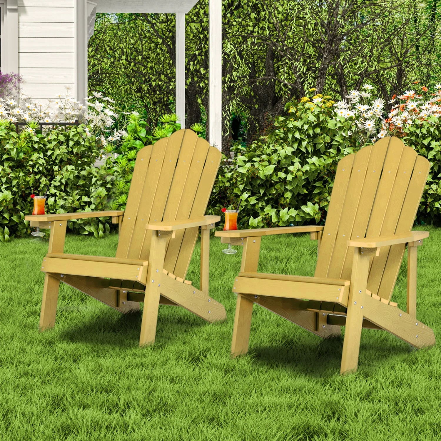2 Pieces Adirondack Chair Set with Ergonomic Design for Porch and Backyard, Yellow - Image 3