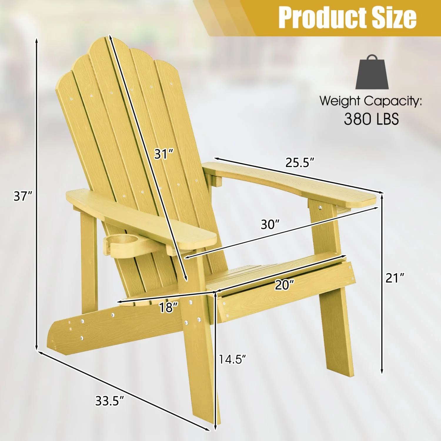 2 Pieces Adirondack Chair Set with Ergonomic Design for Porch and Backyard, Yellow - Image 4