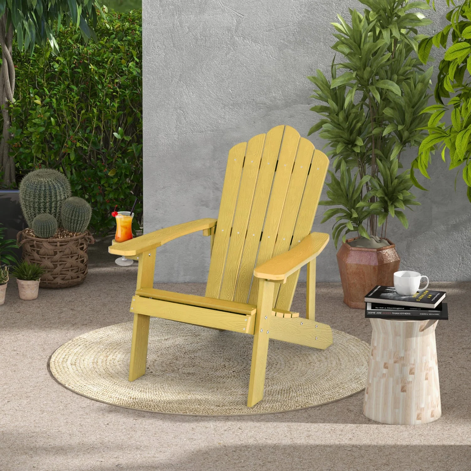2 Pieces Adirondack Chair Set with Ergonomic Design for Porch and Backyard, Yellow - Image 5
