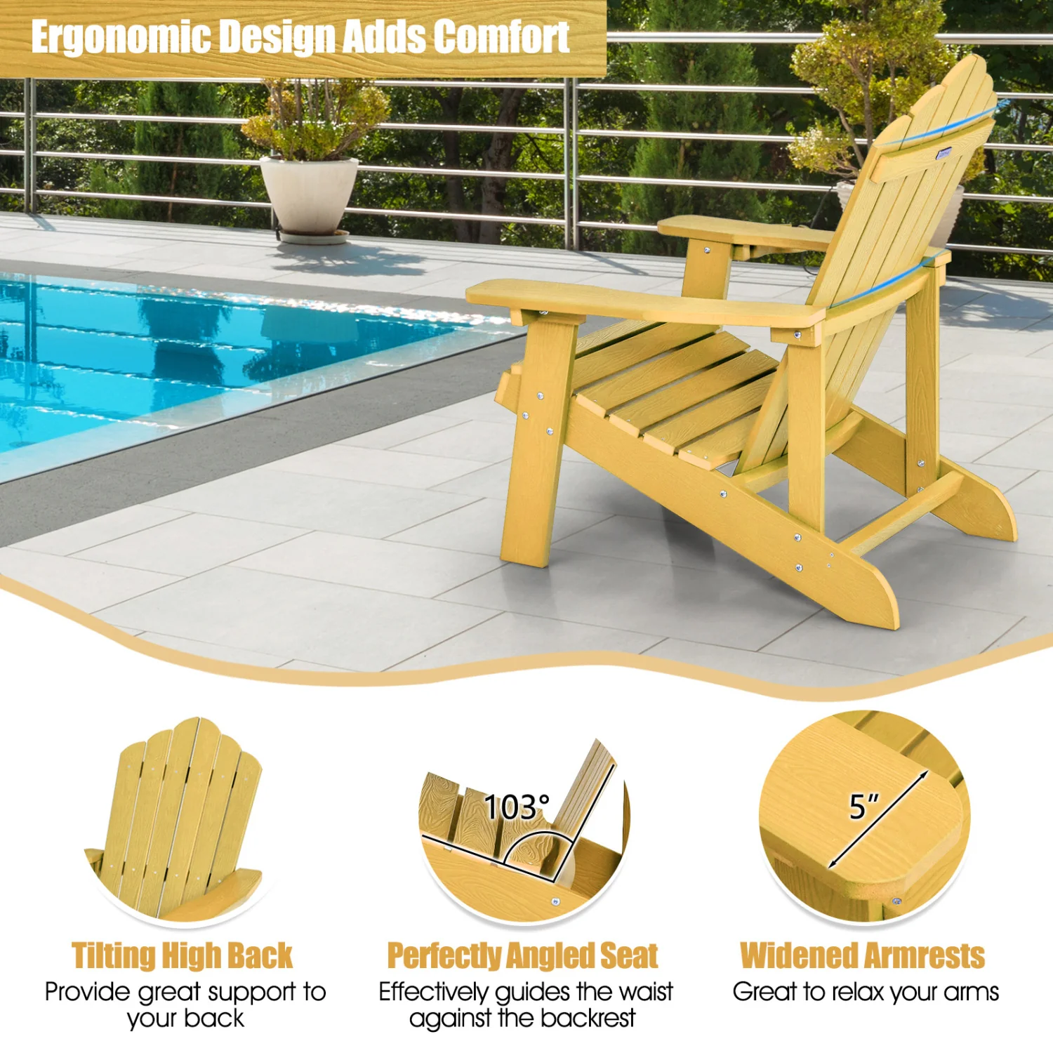 2 Pieces Adirondack Chair Set with Ergonomic Design for Porch and Backyard, Yellow - Image 8