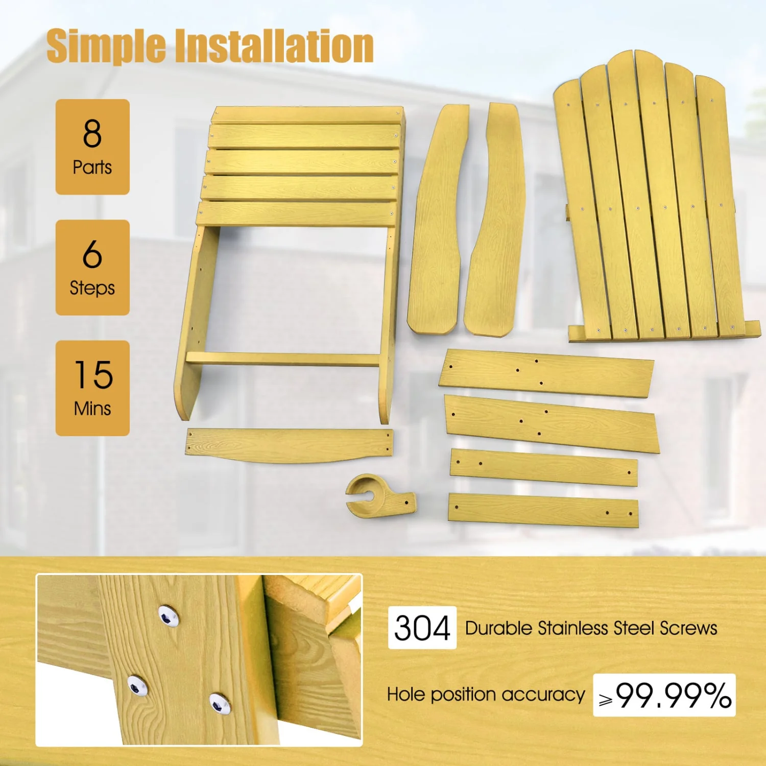 2 Pieces Adirondack Chair Set with Ergonomic Design for Porch and Backyard, Yellow - Image 9