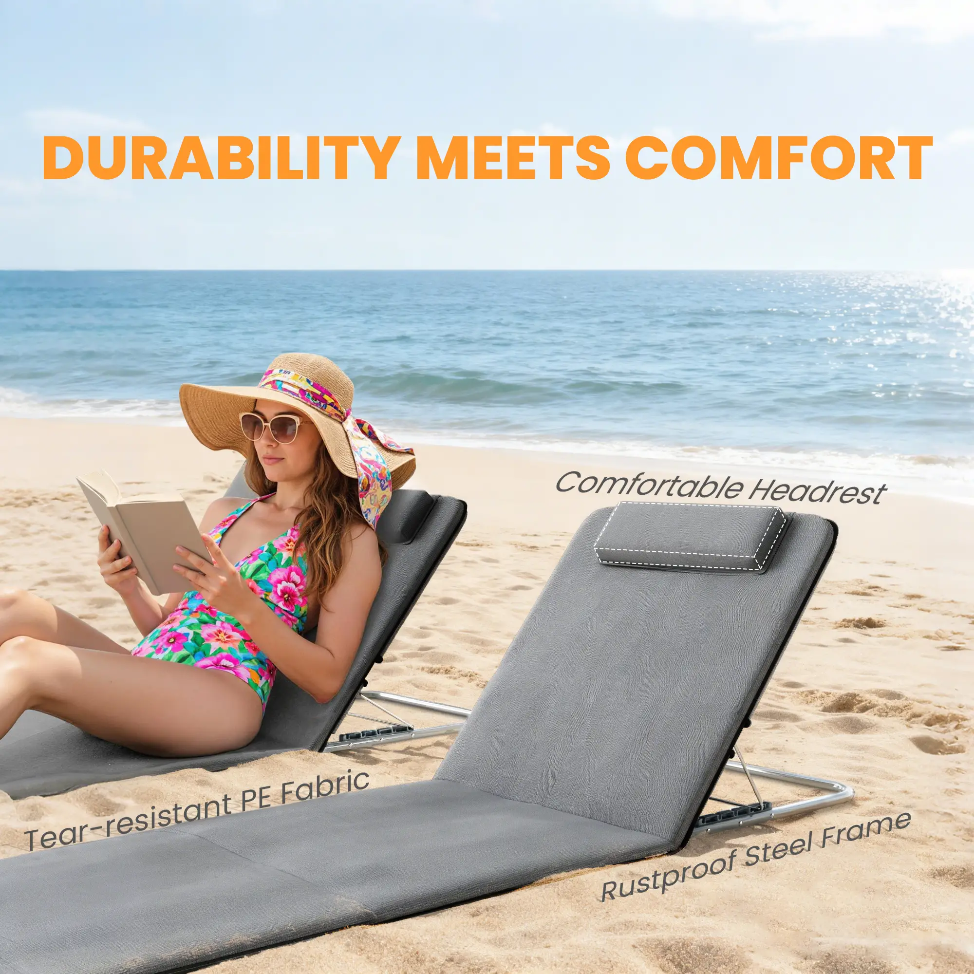 2 Pieces Beach Lounge Chair, Outdoor Folding Chaise, Grey - Image 6