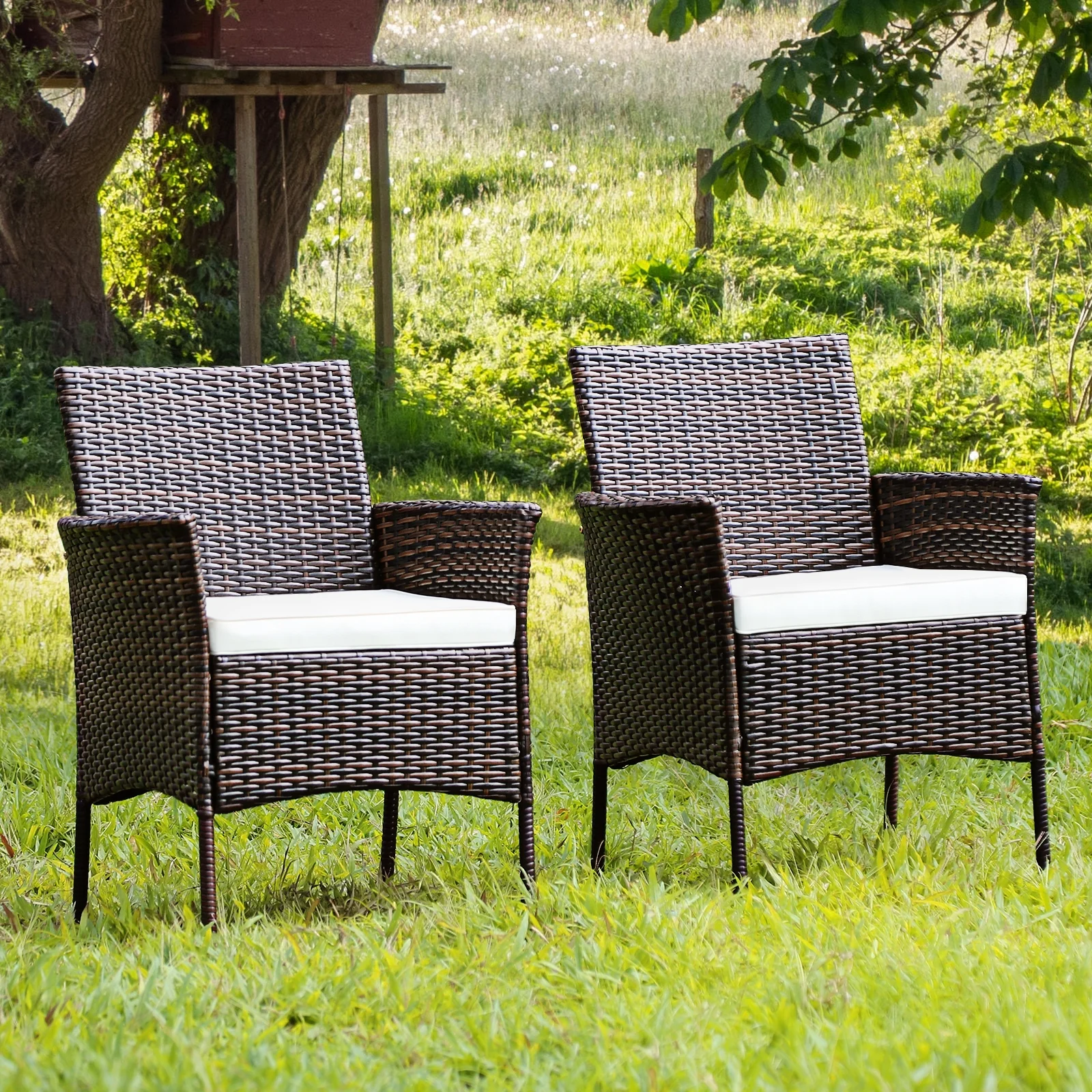 2 Pieces Outdoor PE Rattan Armchairs, Removable Cushions, Brown - Image 2