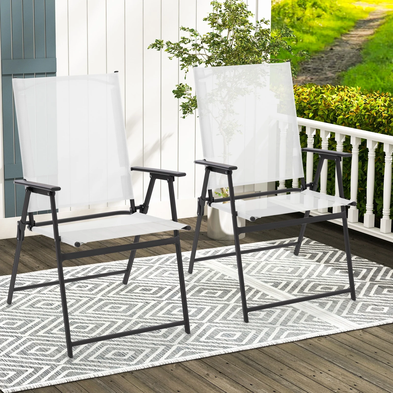 2 Pieces Patio Folding Chairs with Armrests for Deck Garden Yard, White - Image 2