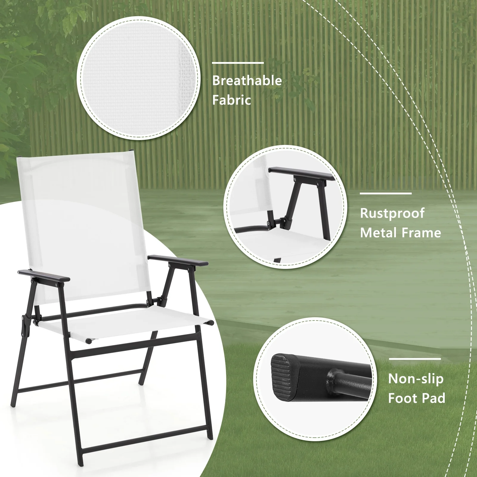 2 Pieces Patio Folding Chairs with Armrests for Deck Garden Yard, White - Image 6