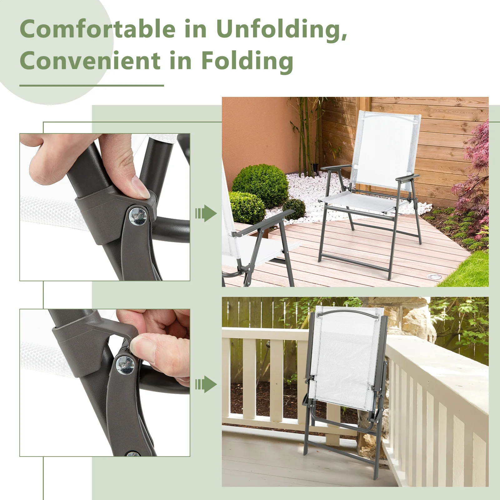 2 Pieces Patio Folding Chairs with Armrests for Deck Garden Yard, White - Image 7