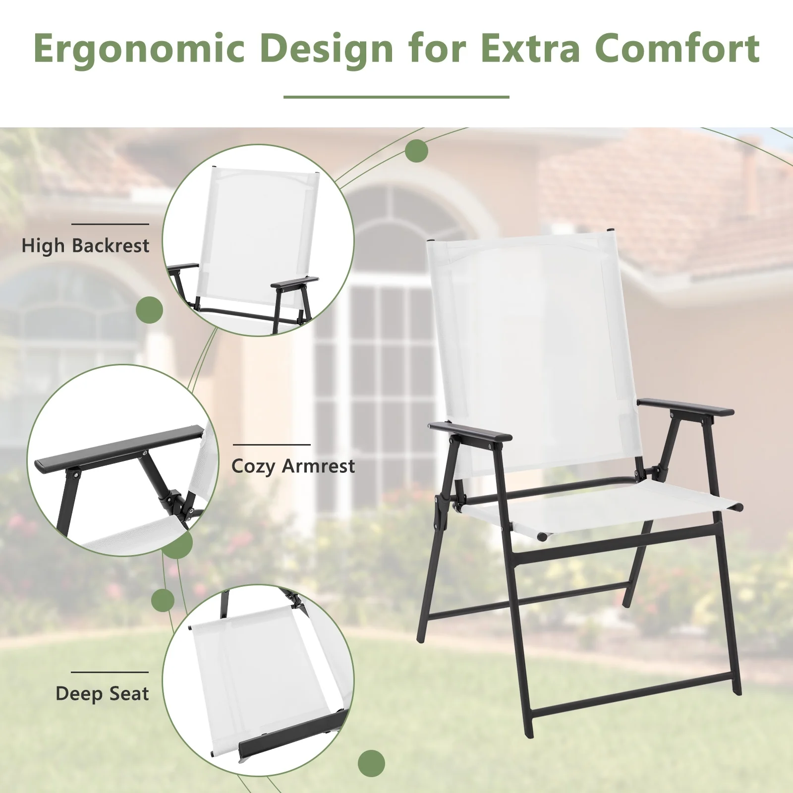 2 Pieces Patio Folding Chairs with Armrests for Deck Garden Yard, White - Image 8