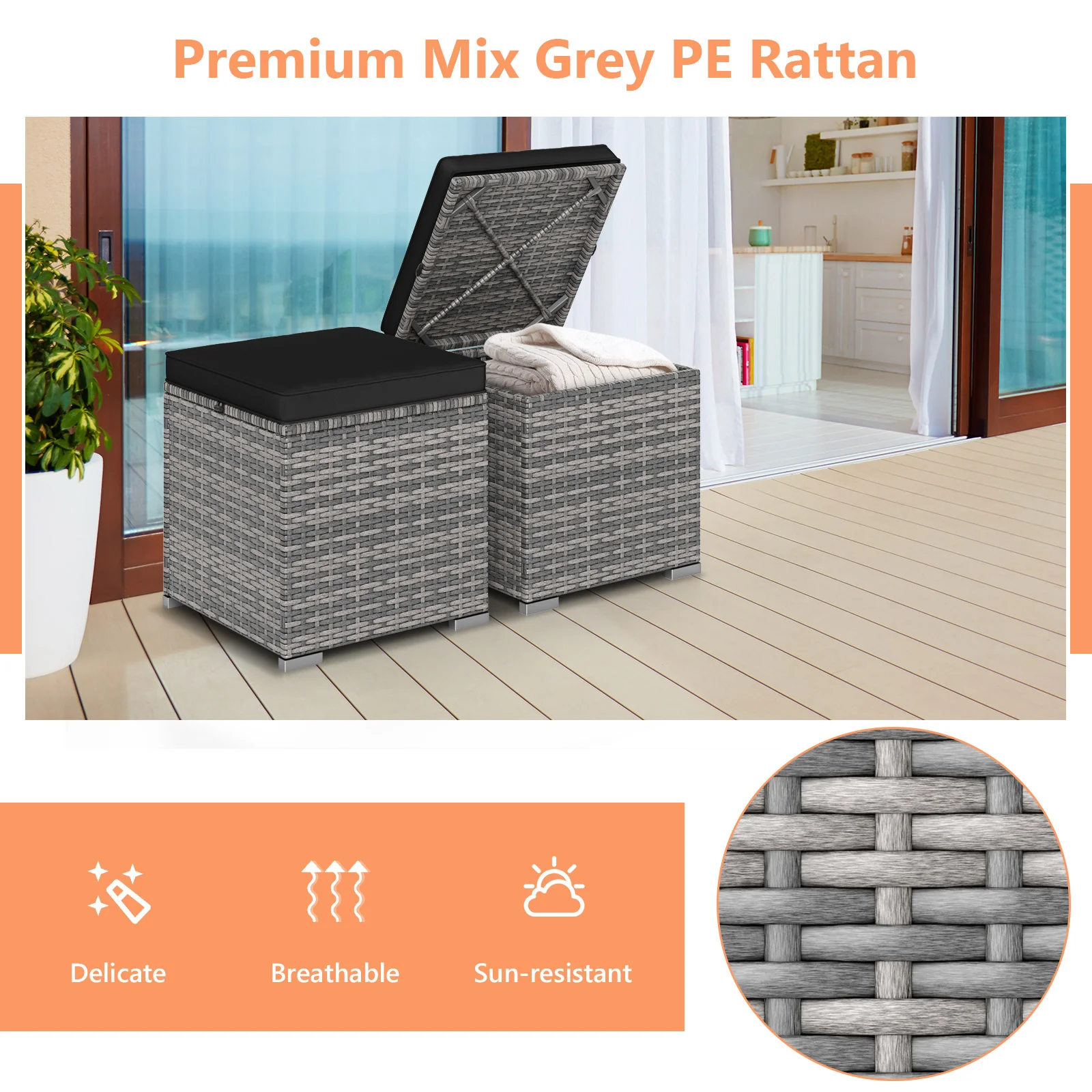2 Pieces Patio Ottoman with Hidden Storage Space-Mix Grey-black, Mix Grey-black - Image 10