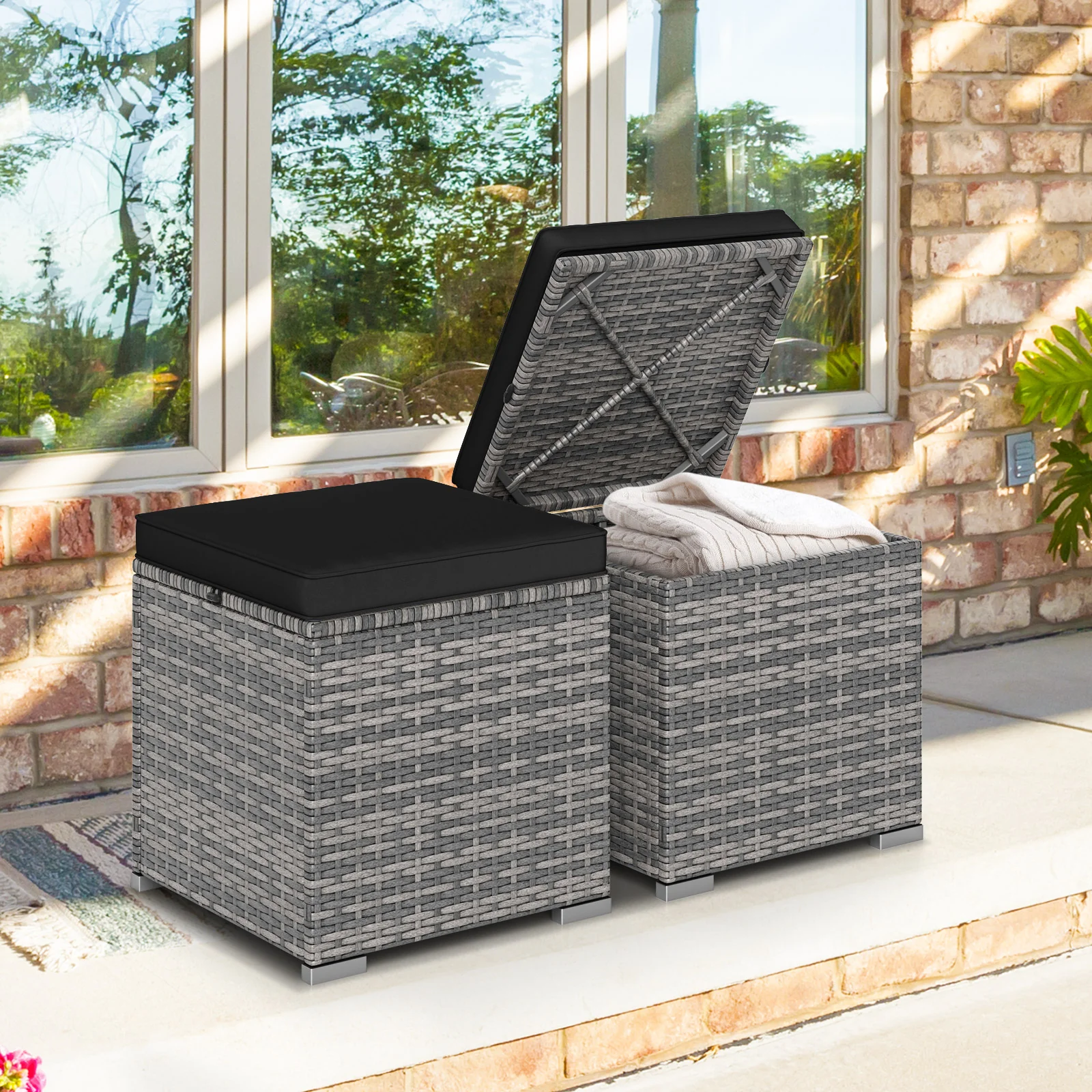 2 Pieces Patio Ottoman with Hidden Storage Space-Mix Grey-black, Mix Grey-black - Image 3