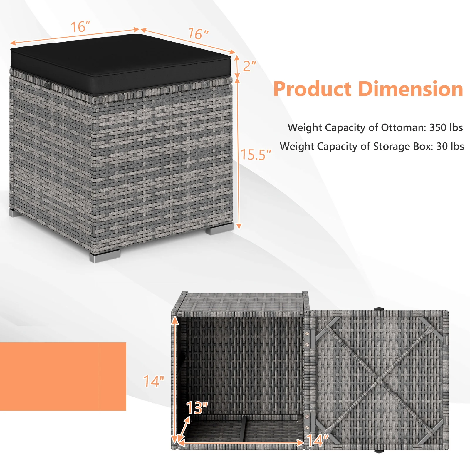 2 Pieces Patio Ottoman with Hidden Storage Space-Mix Grey-black, Mix Grey-black - Image 6