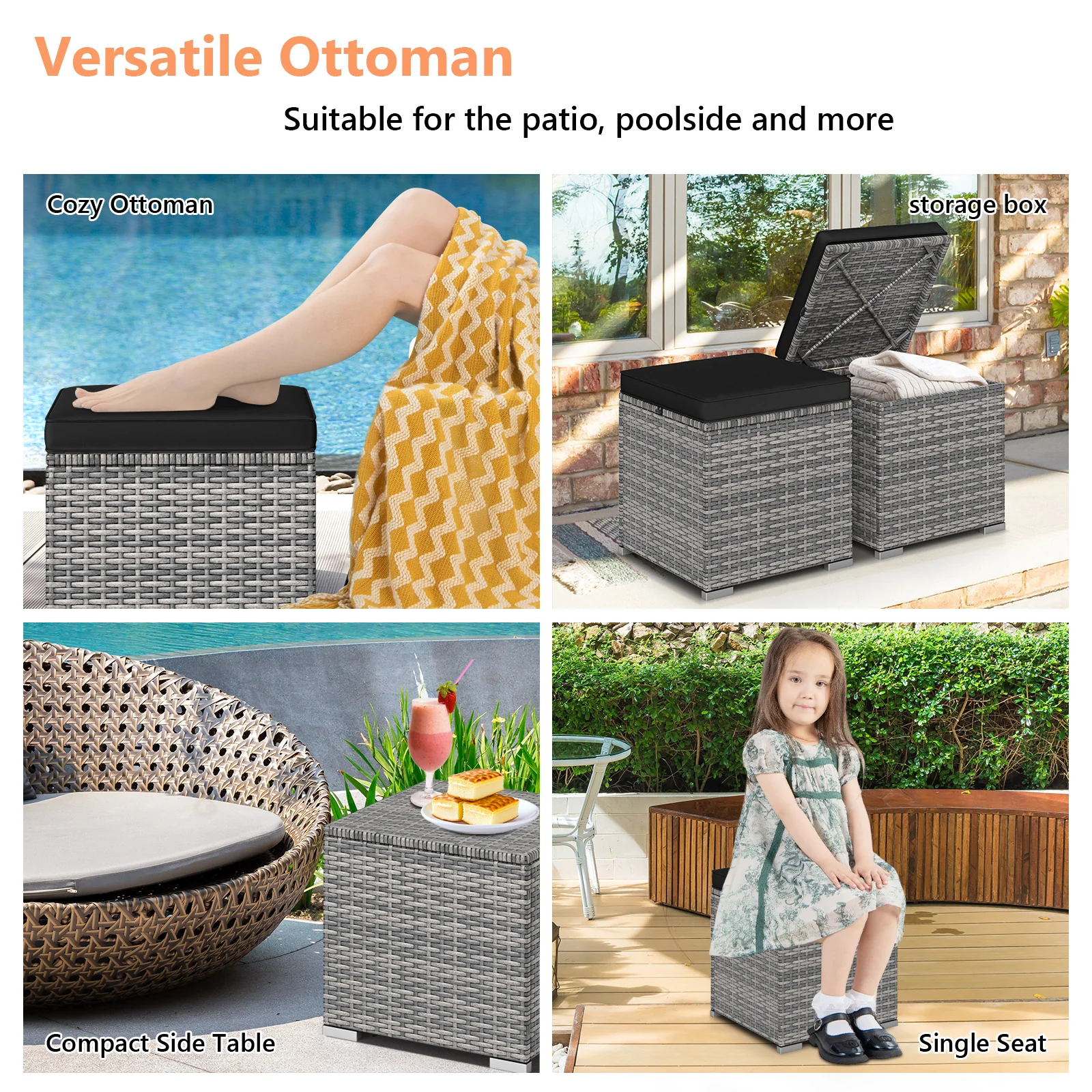 2 Pieces Patio Ottoman with Hidden Storage Space-Mix Grey-black, Mix Grey-black - Image 9
