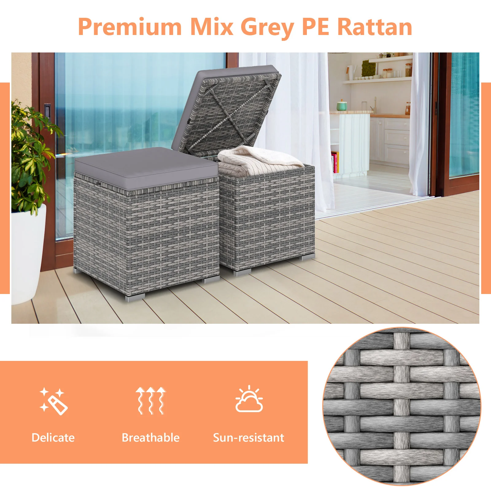 2 Pieces Patio Ottoman with Hidden Storage Space-Mix Grey-grey, Mix Grey-grey - Image 10