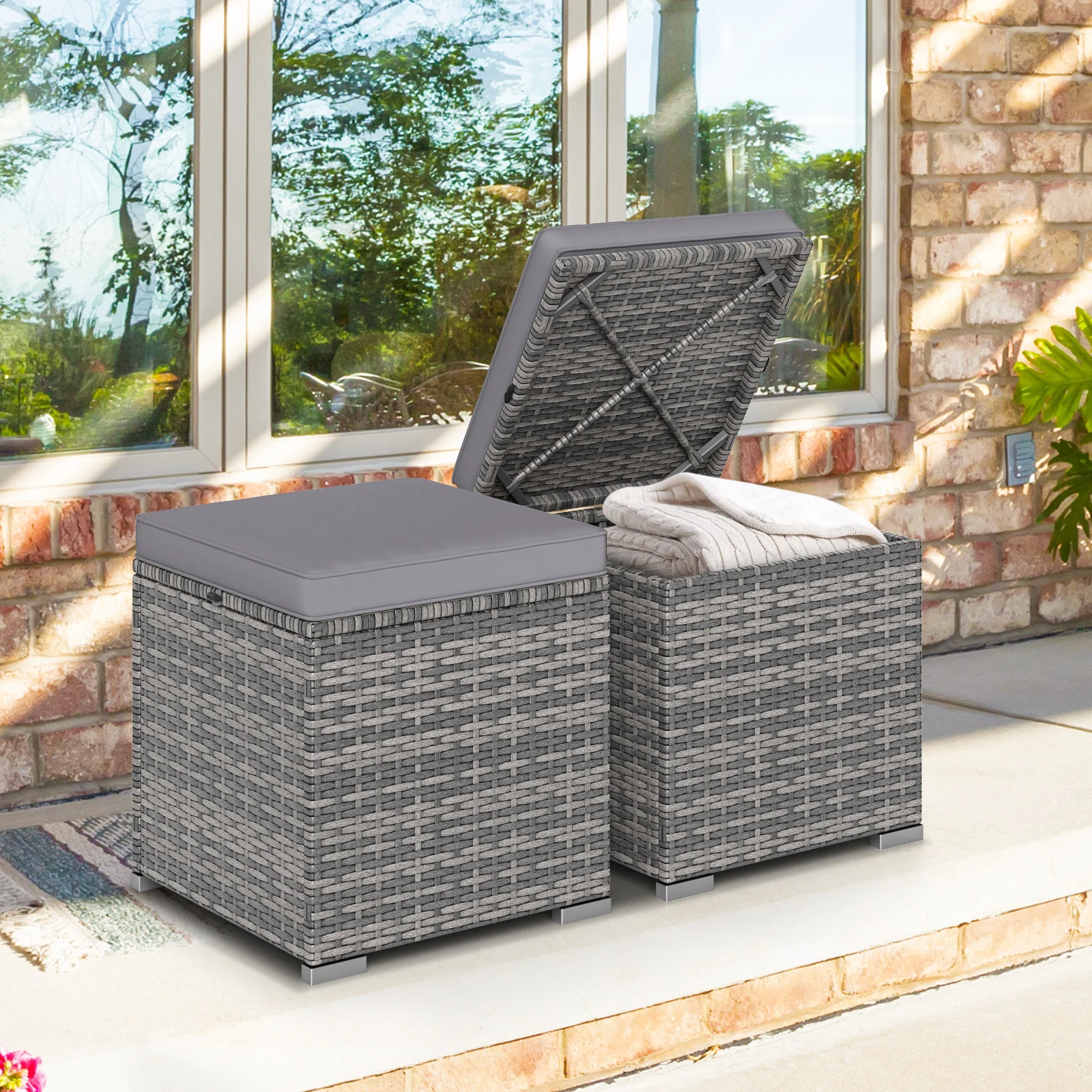 2 Pieces Patio Ottoman with Hidden Storage Space-Mix Grey-grey, Mix Grey-grey - Image 7