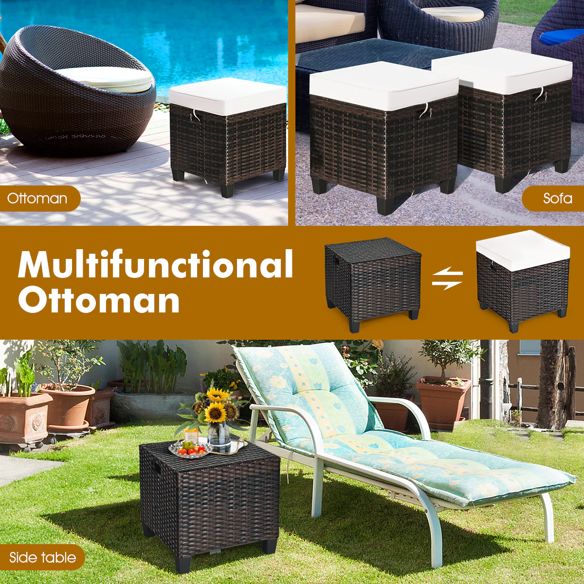 2 Pieces Patio Rattan Ottoman Cushioned Seat, Cream White - Image 10