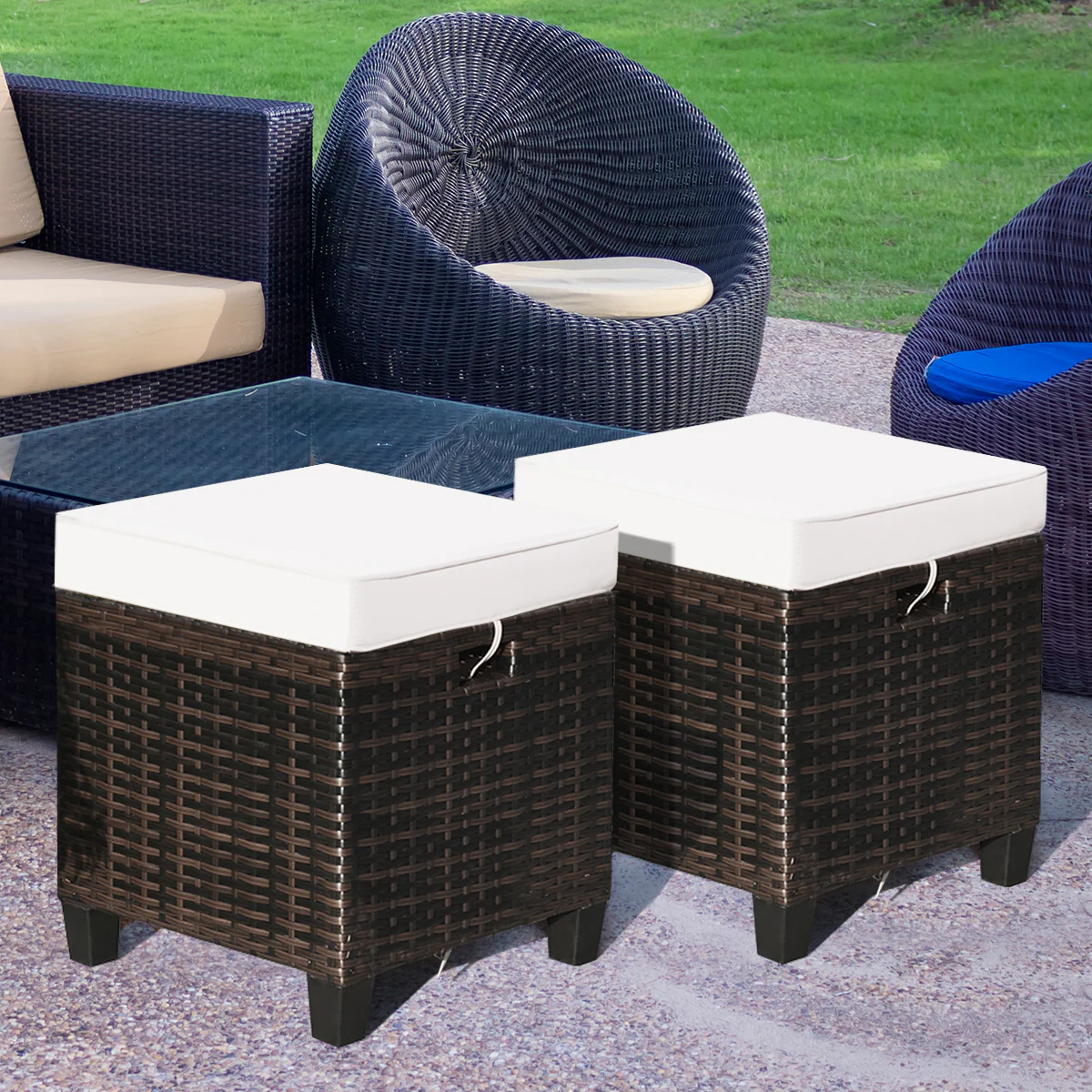 2 Pieces Patio Rattan Ottoman Cushioned Seat, Cream White - Image 2