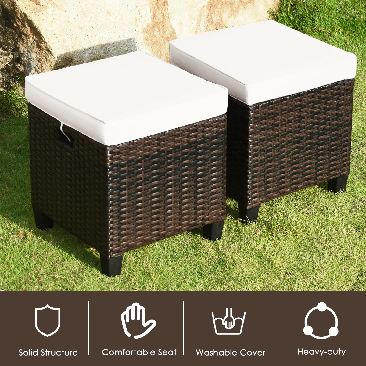 2 Pieces Patio Rattan Ottoman Cushioned Seat, Cream White - Image 3