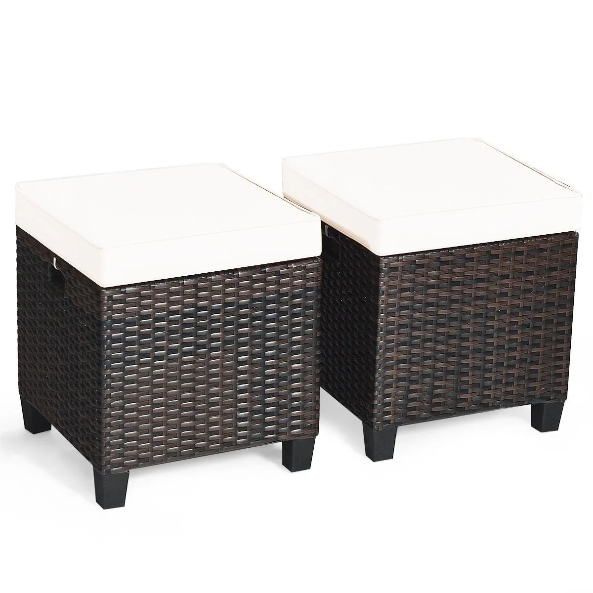 2 Pieces Patio Rattan Ottoman Cushioned Seat, Cream White - Image 4