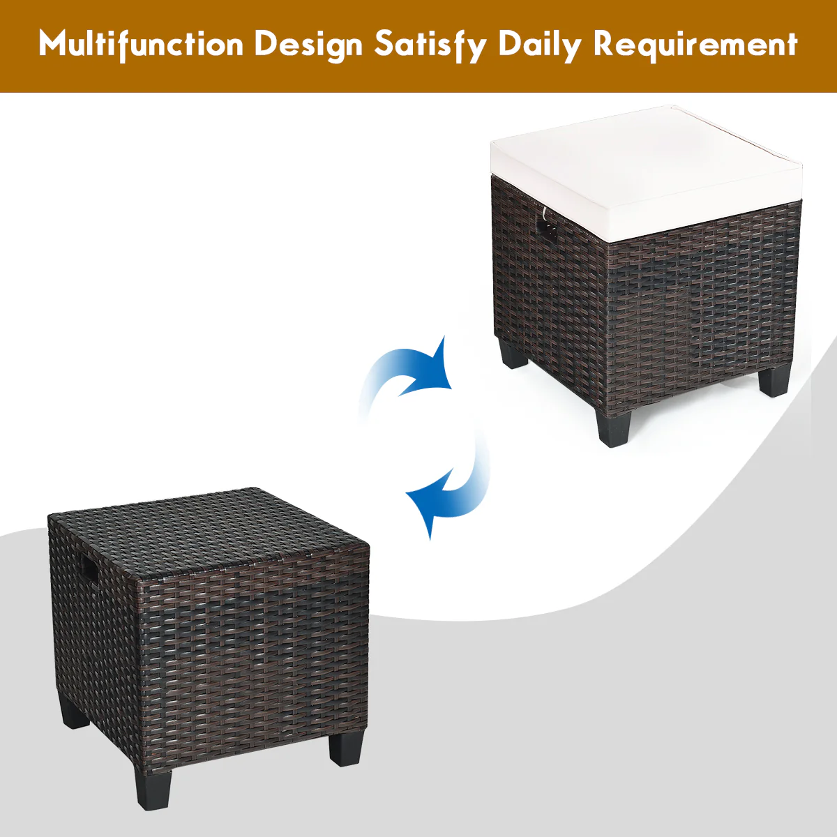 2 Pieces Patio Rattan Ottoman Cushioned Seat, Cream White - Image 5