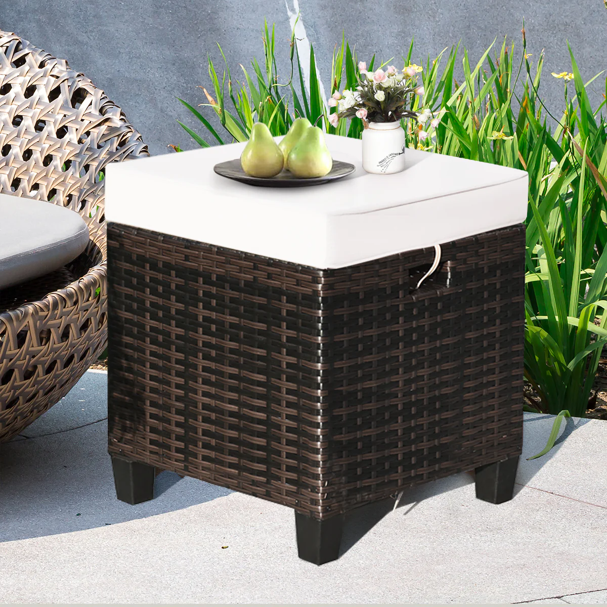 2 Pieces Patio Rattan Ottoman Cushioned Seat, Cream White - Image 7