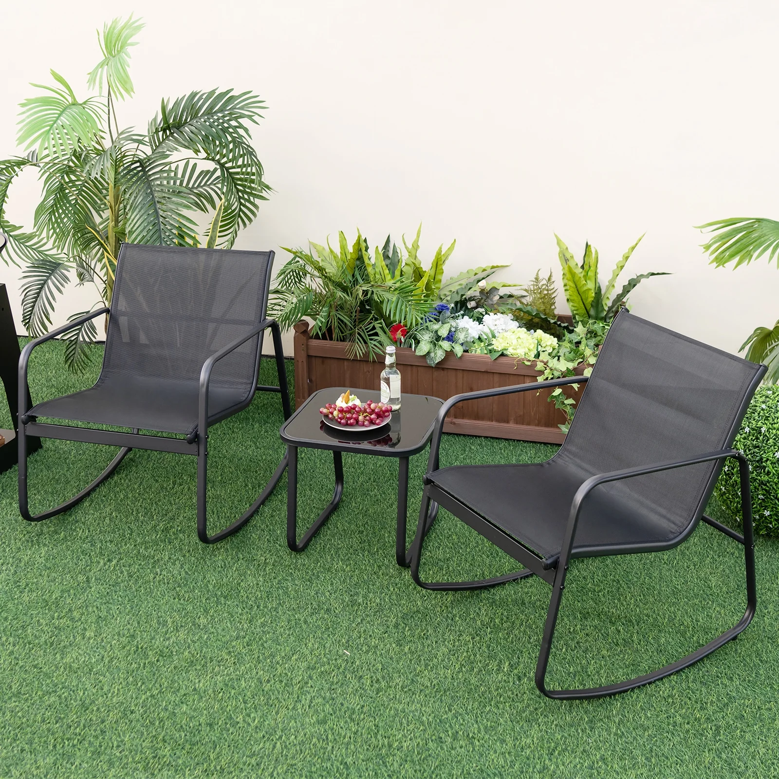 2 Rocking Bistro Chairs, Glass-Top Table, Black - Image 2