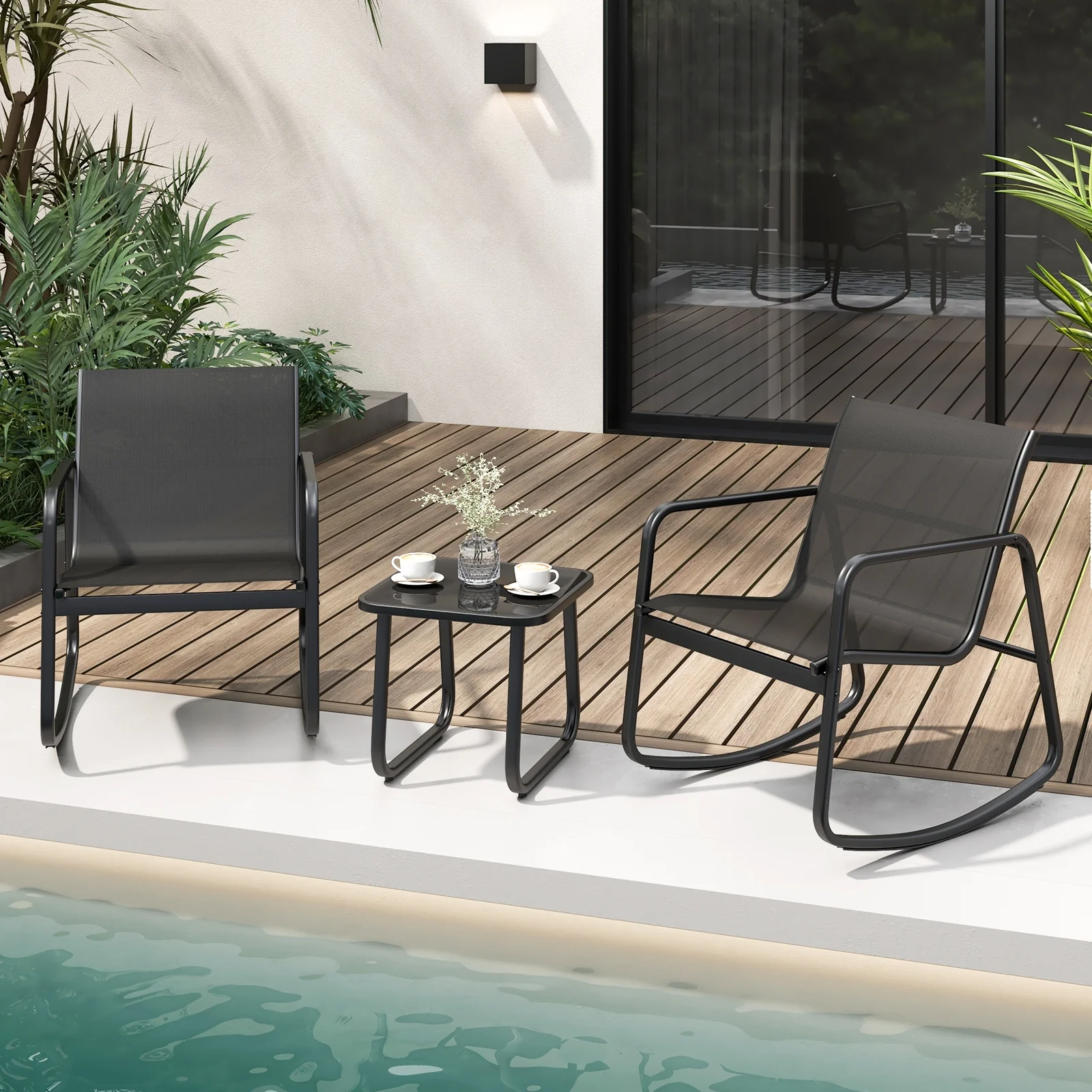 2 Rocking Bistro Chairs, Glass-Top Table, Black - Image 3