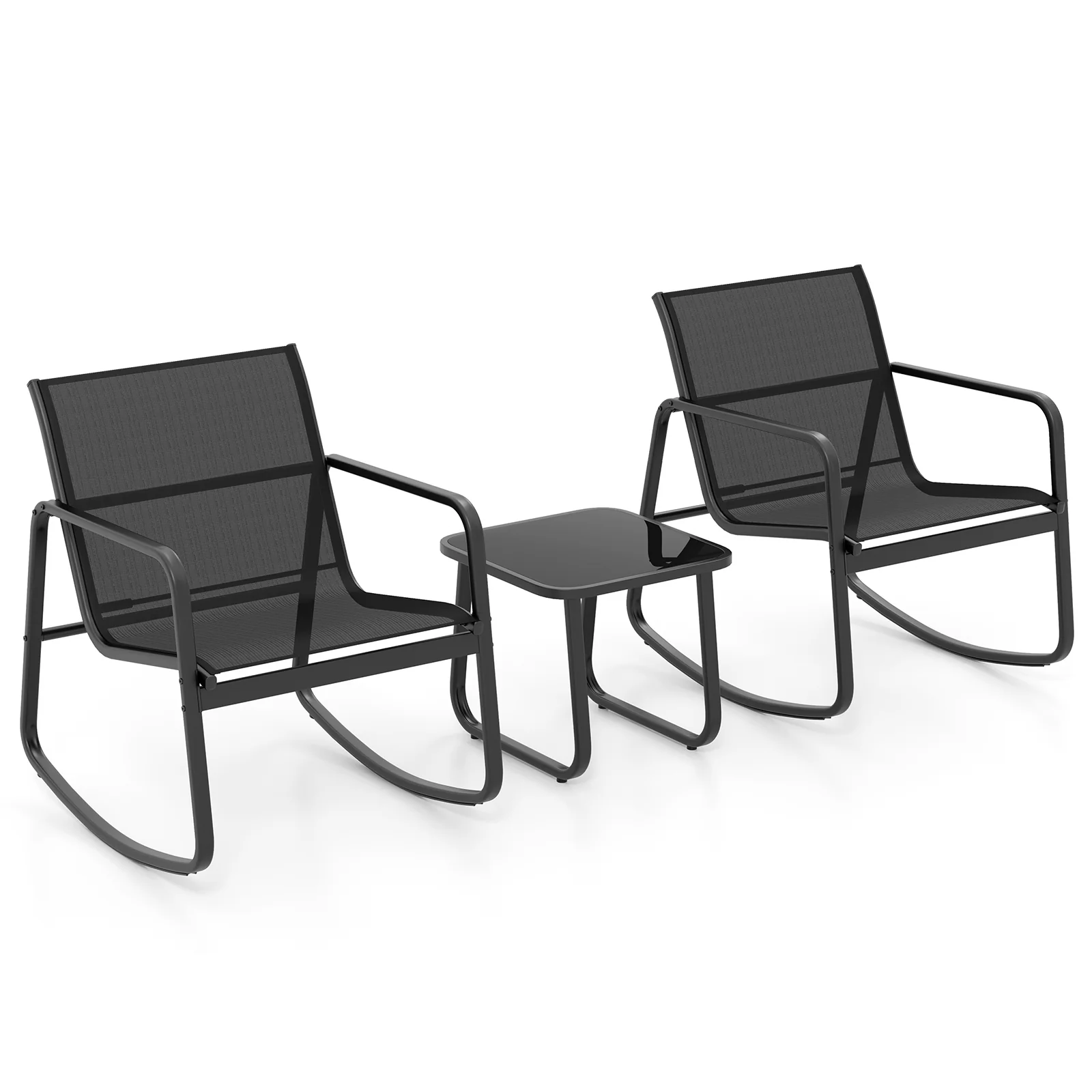 2 Rocking Bistro Chairs, Glass-Top Table, Black - Image 4