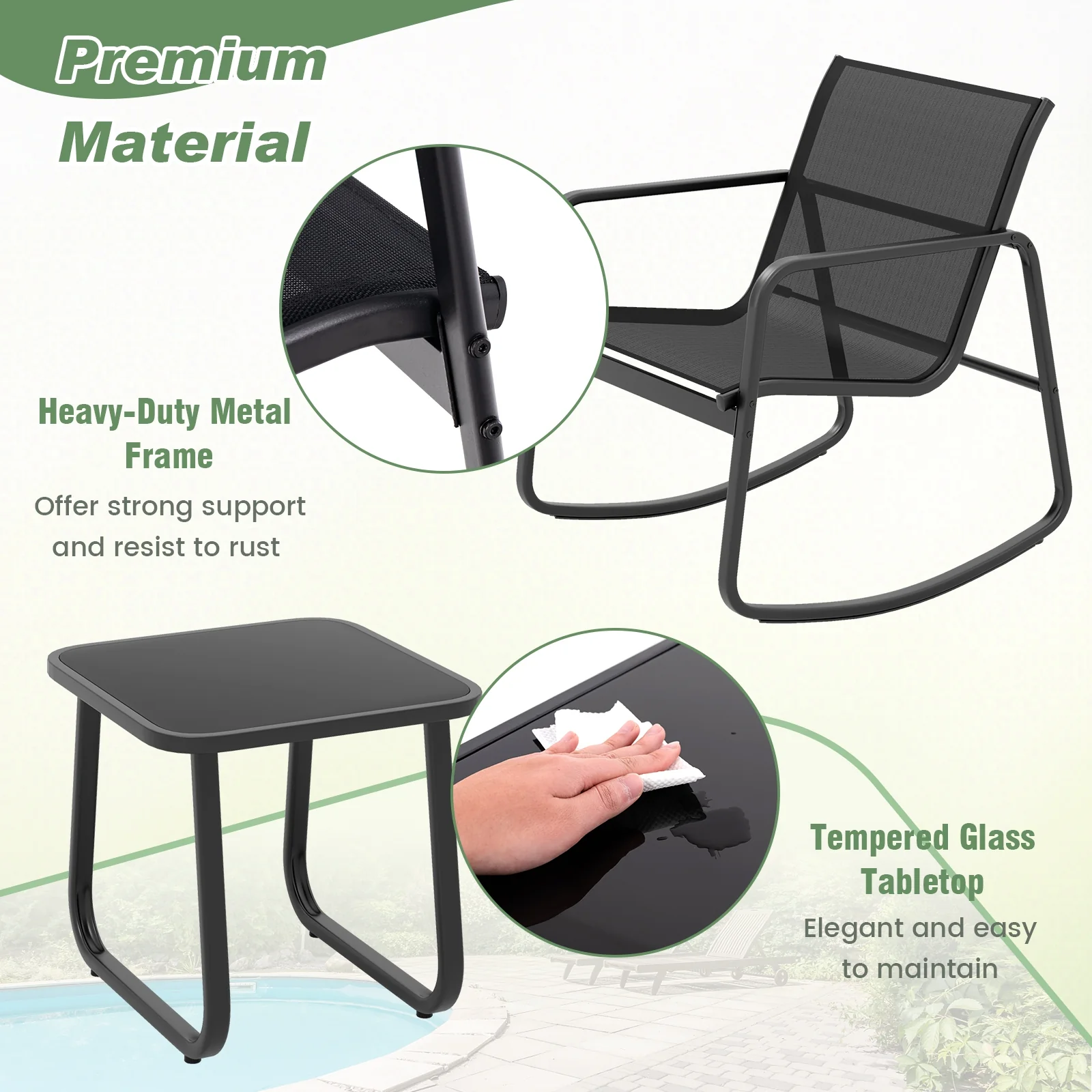 2 Rocking Bistro Chairs, Glass-Top Table, Black - Image 9