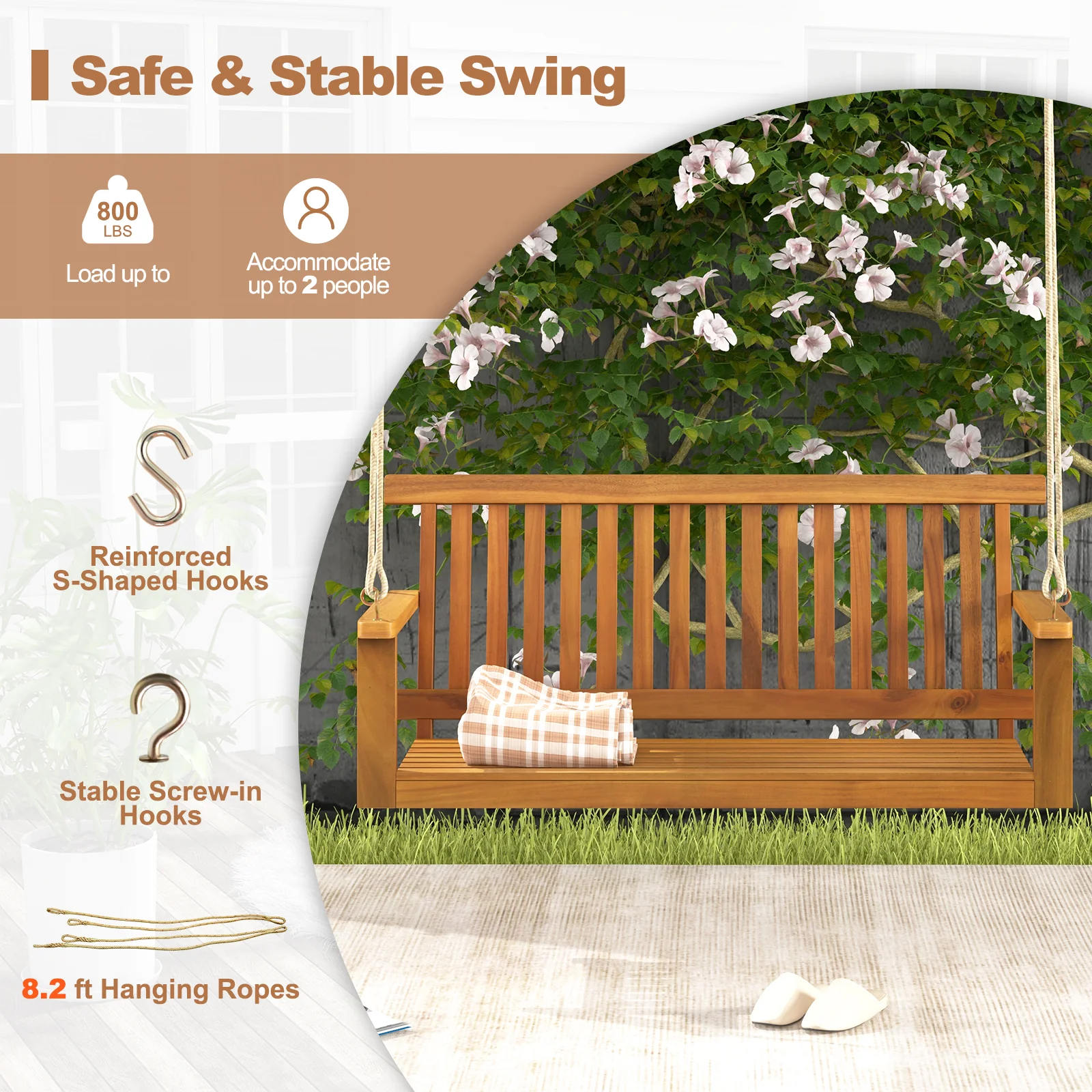 2-Seat Acacia Wood Porch Swing Bench, With Hanging Hemp Ropes, Natural - Image 8