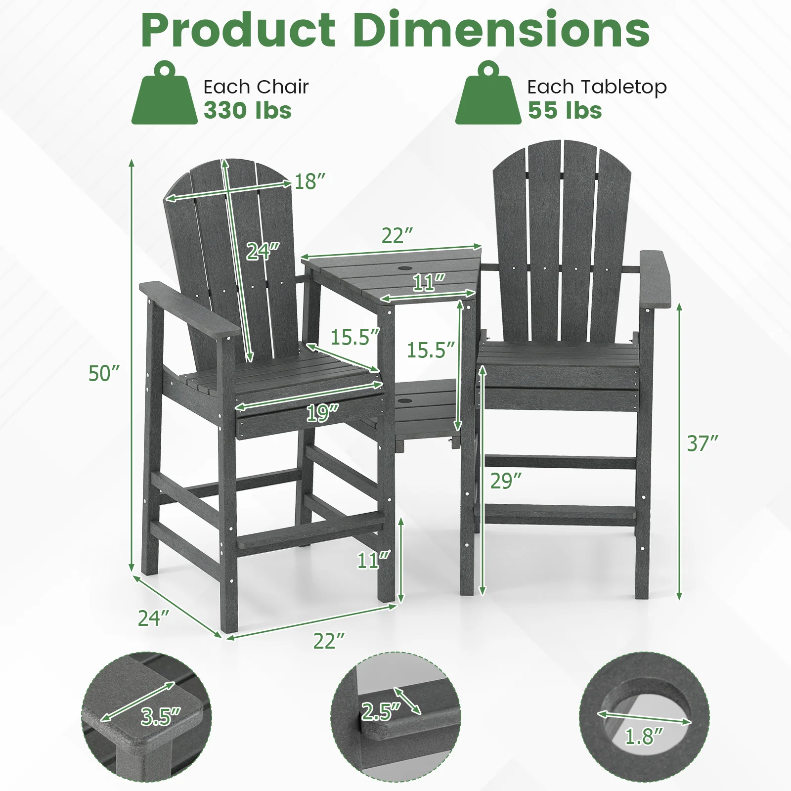 2-Seat Adirondack Chair, All-Weather, Gray - Image 6
