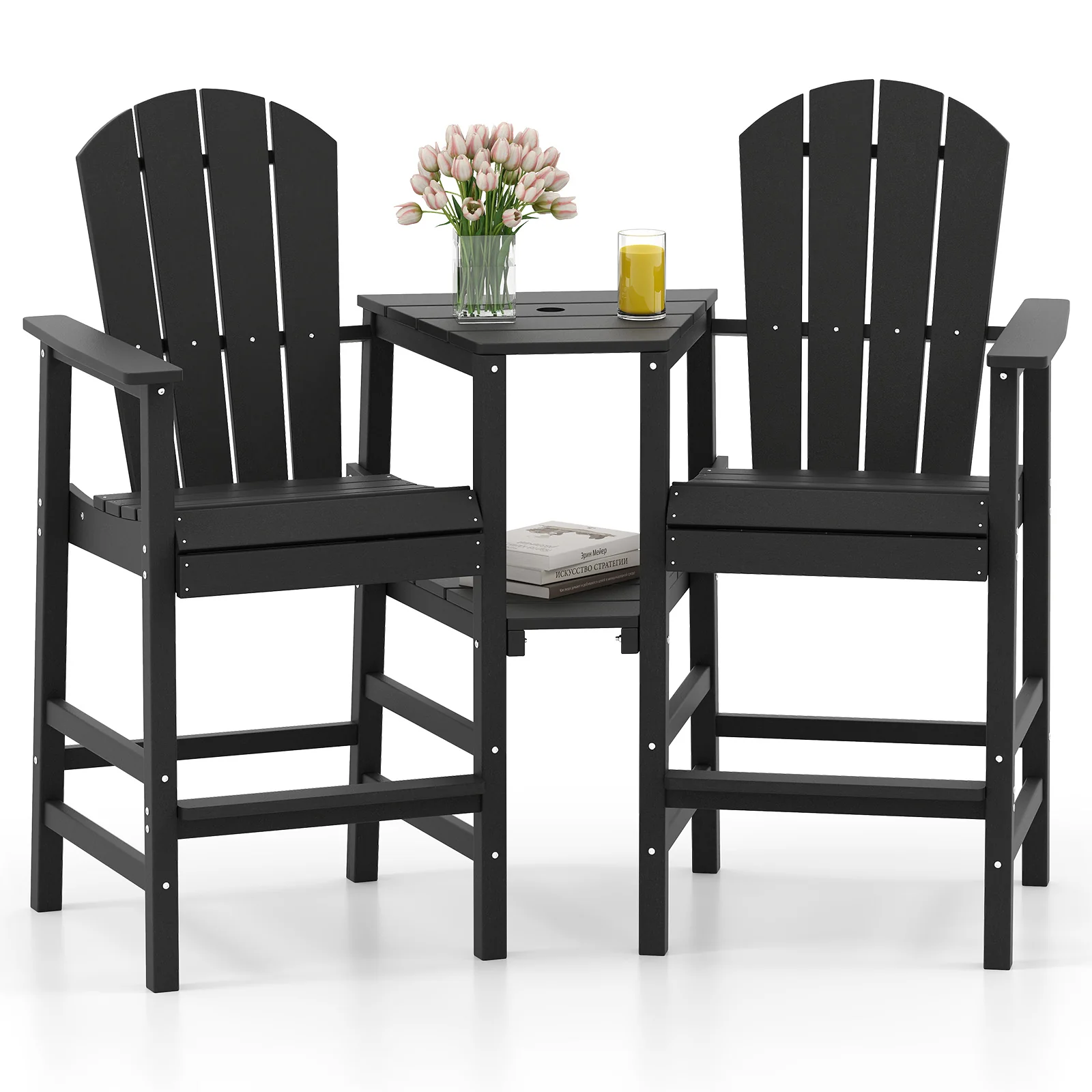 2-Seat Adirondack Chair, All-Weather With Double Connecting Tray, Black
