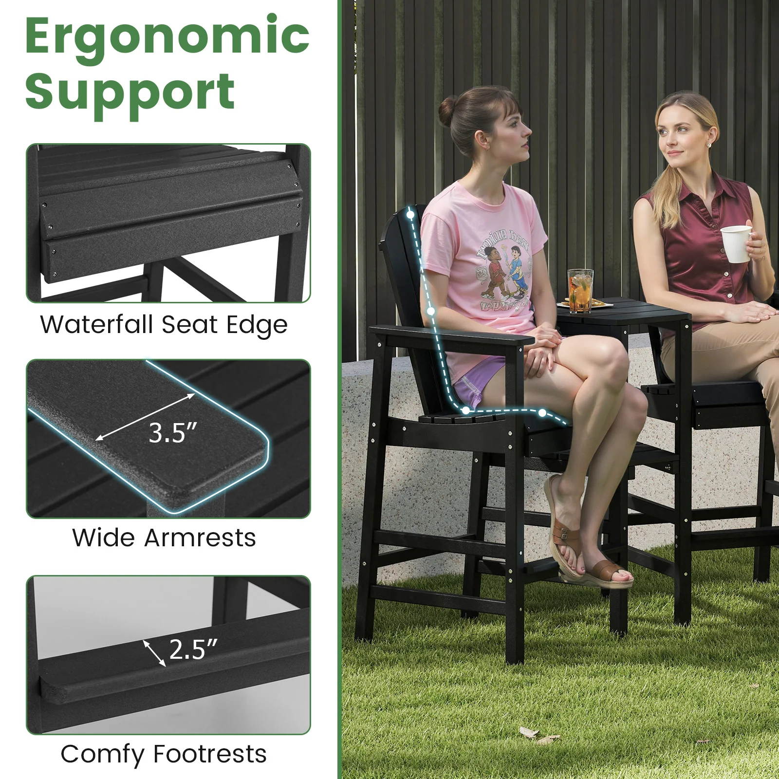 2-Seat Adirondack Chair, All-Weather With Double Connecting Tray, Black - Image 10