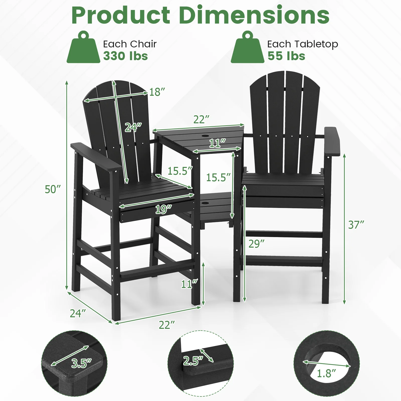 2-Seat Adirondack Chair, All-Weather With Double Connecting Tray, Black - Image 6