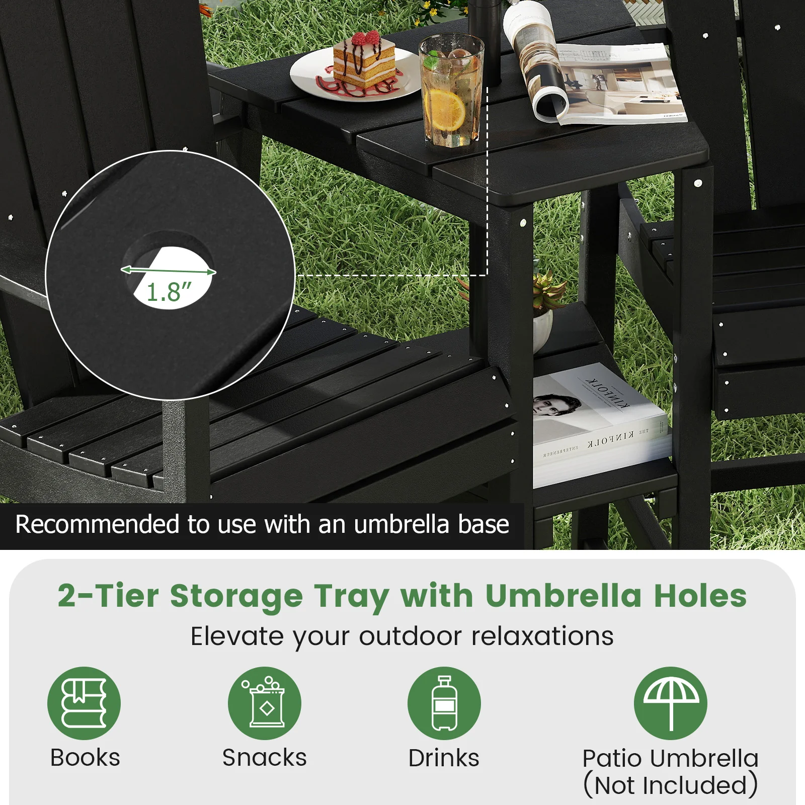 2-Seat Adirondack Chair, All-Weather With Double Connecting Tray, Black - Image 9
