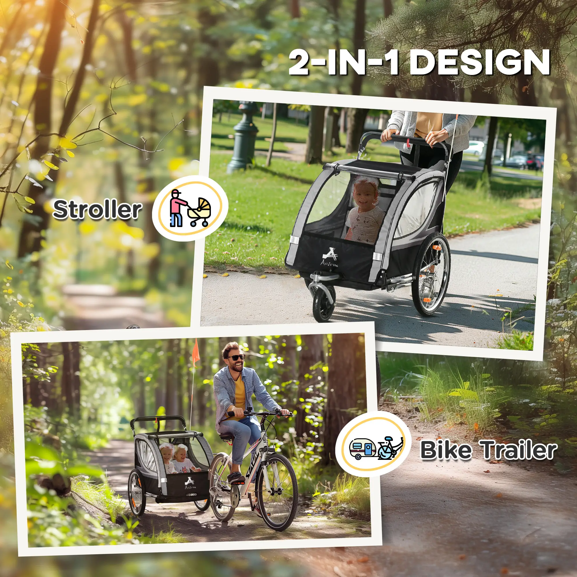 2 Seat Bike Trailer, 2-in-1 Baby Stroller, Handbrake, Rubber Wheels, Grey - Image 4