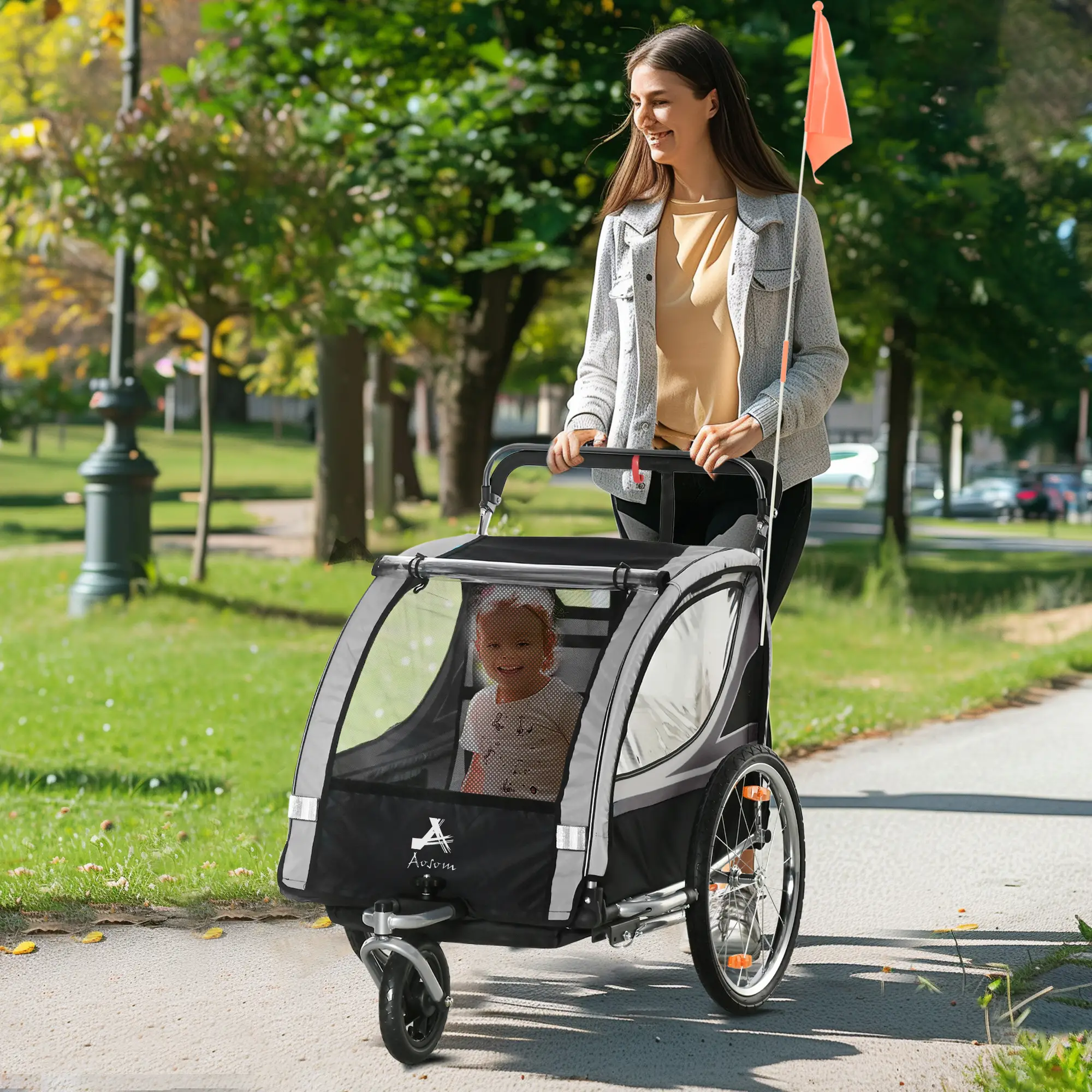 2 Seat Bike Trailer, 2-in-1 Baby Stroller, Handbrake, Rubber Wheels, Grey - Image 8