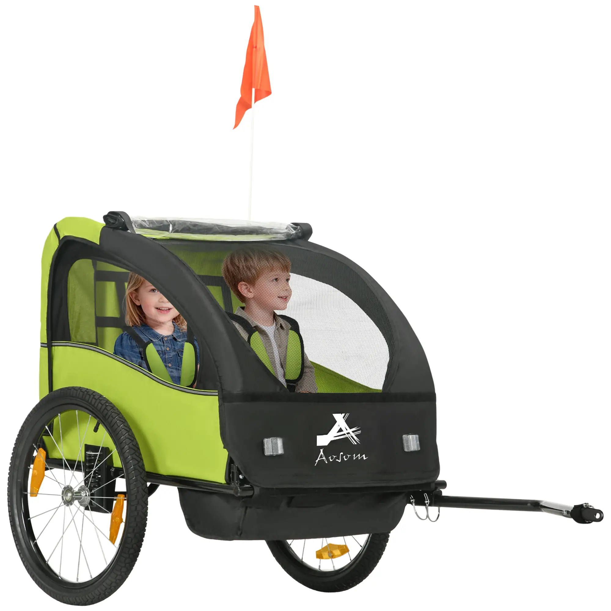 2 Seat Bike Trailer, Kids Stroller, 20" Wheels, Green - Image 11