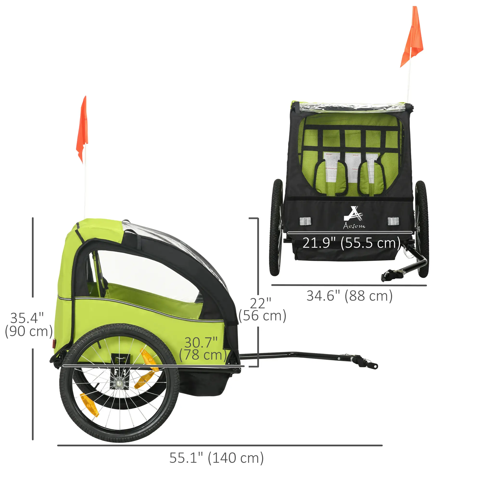 2 Seat Bike Trailer, Kids Stroller, 20" Wheels, Green - Image 3