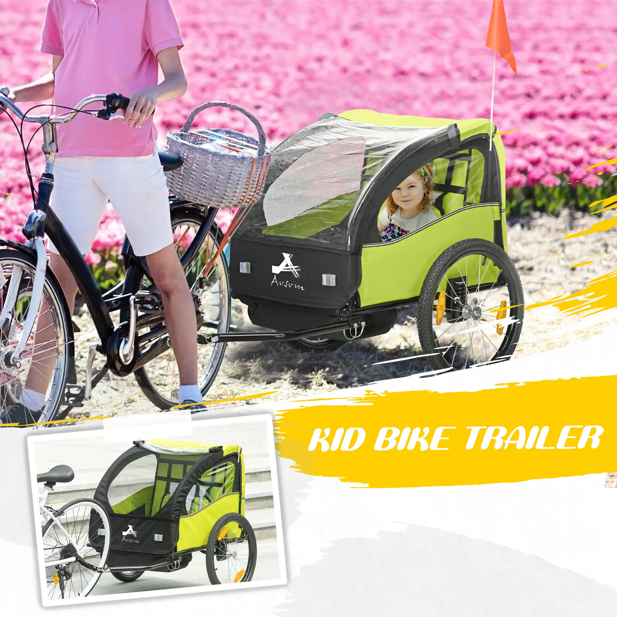 2 Seat Bike Trailer, Kids Stroller, 20" Wheels, Green - Image 4