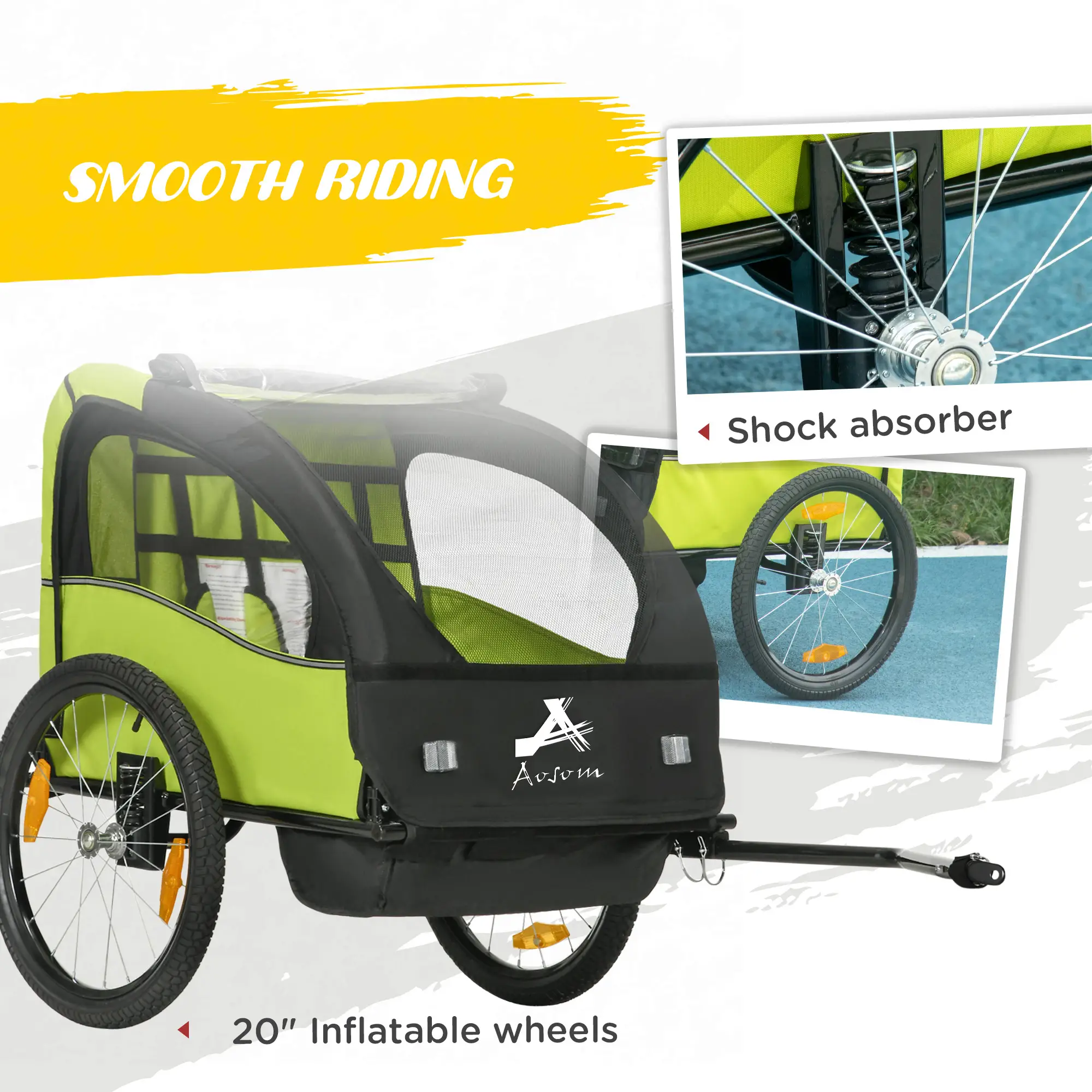 2 Seat Bike Trailer, Kids Stroller, 20" Wheels, Green - Image 5