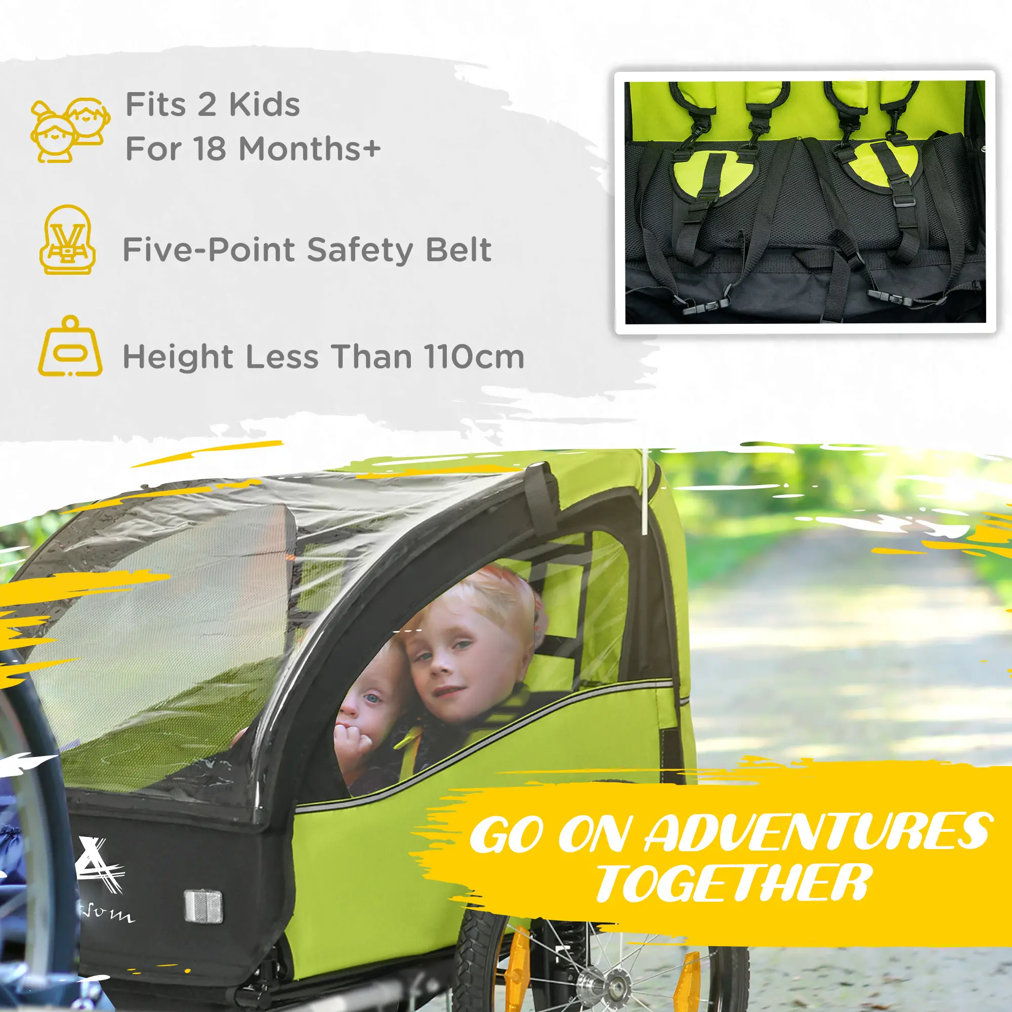 2 Seat Bike Trailer, Kids Stroller, 20" Wheels, Green - Image 6