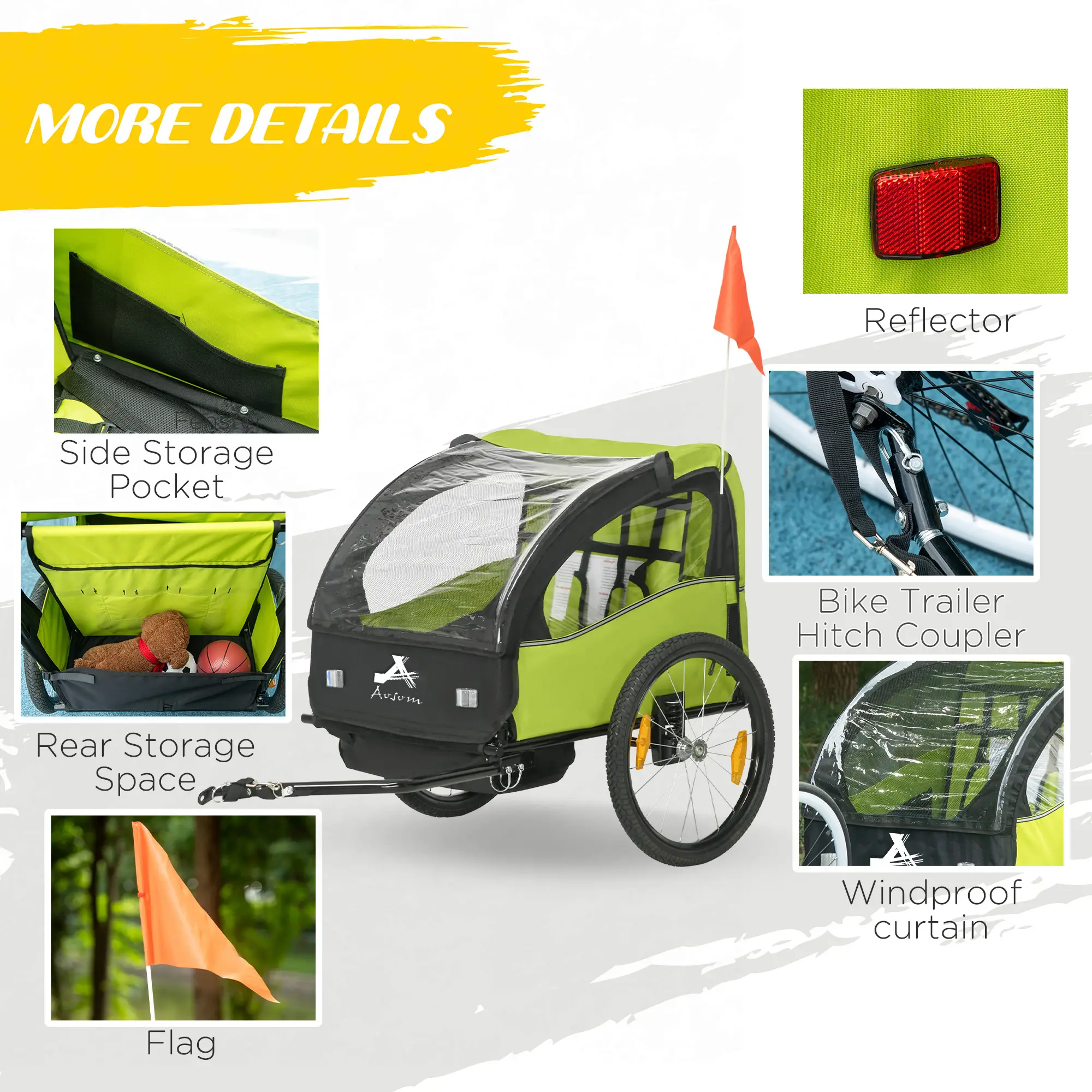 2 Seat Bike Trailer, Kids Stroller, 20" Wheels, Green - Image 7