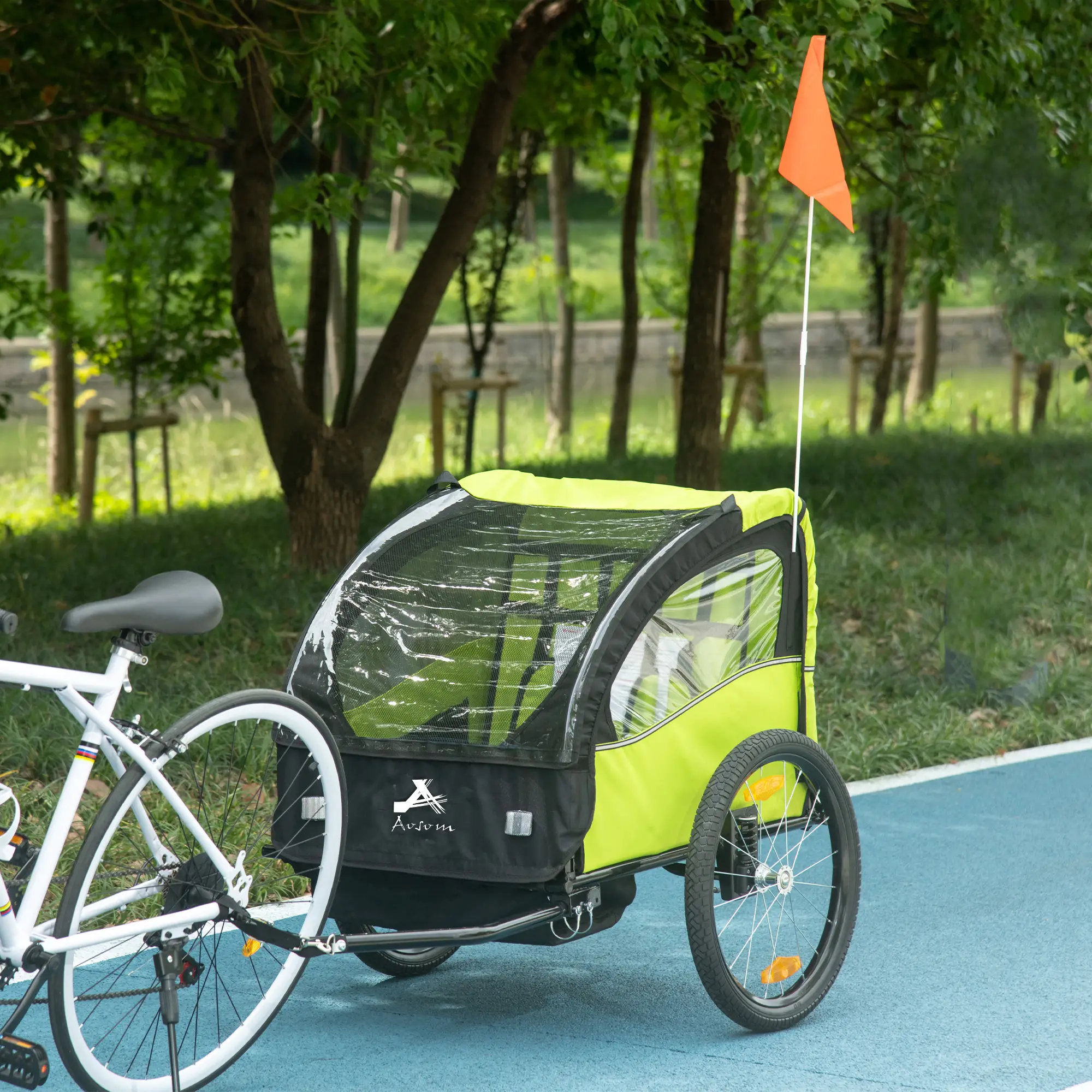 2 Seat Bike Trailer, Kids Stroller, 20" Wheels, Green - Image 8