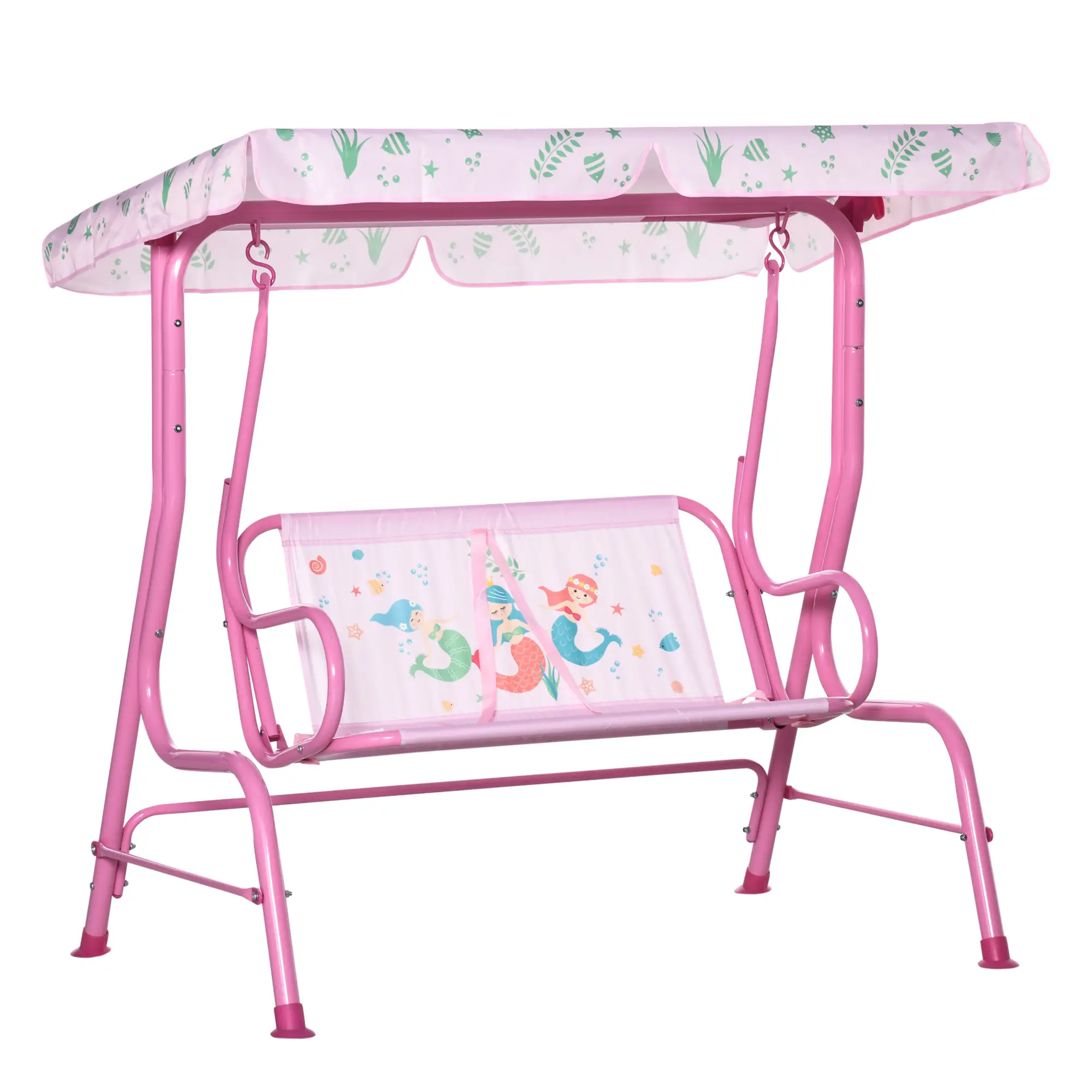 2-Seat Kids Porch Swing, Outdoor Chair with Canopy, Seat Belt, Mermaid, Pink