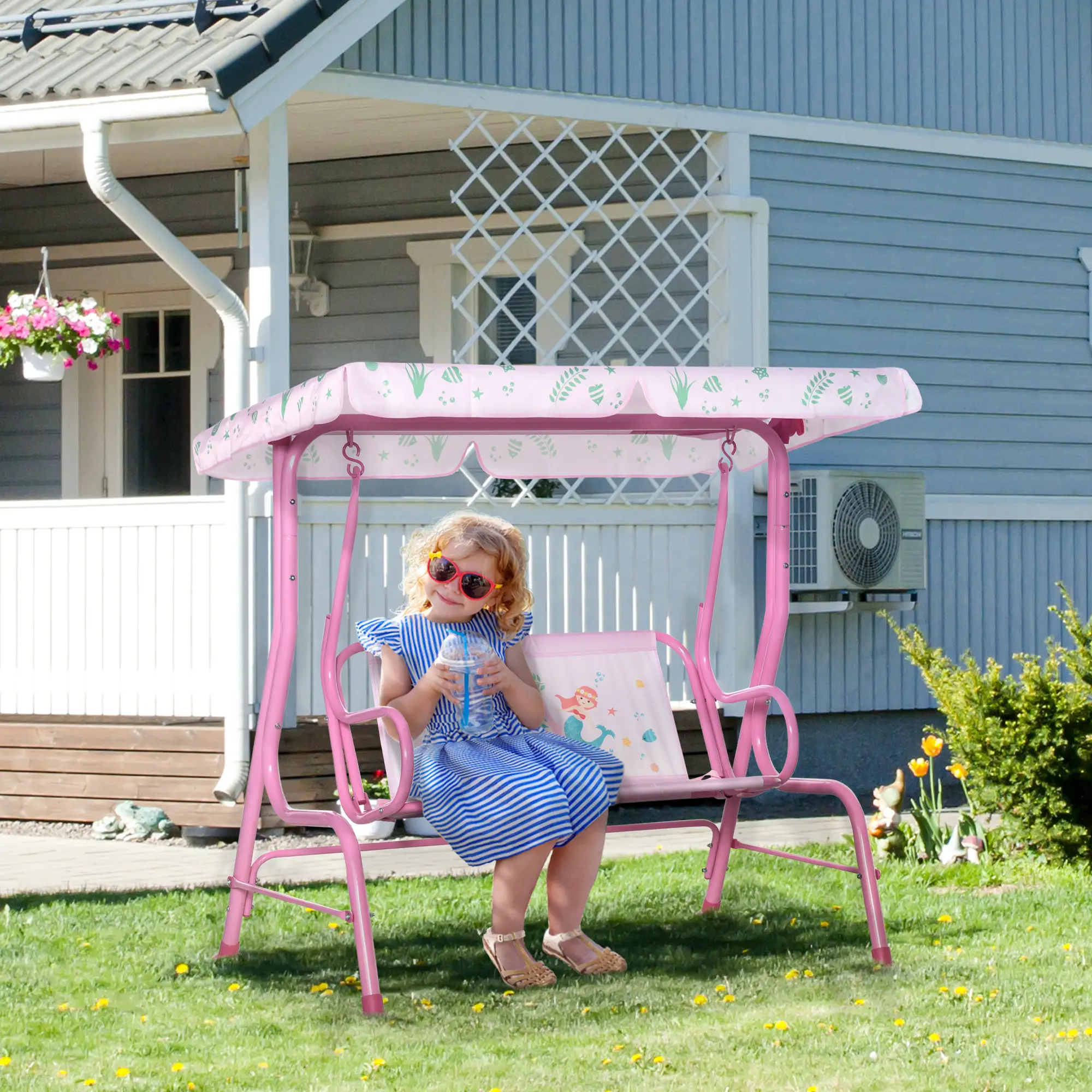 2-Seat Kids Porch Swing, Outdoor Chair with Canopy, Seat Belt, Mermaid, Pink - Image 2