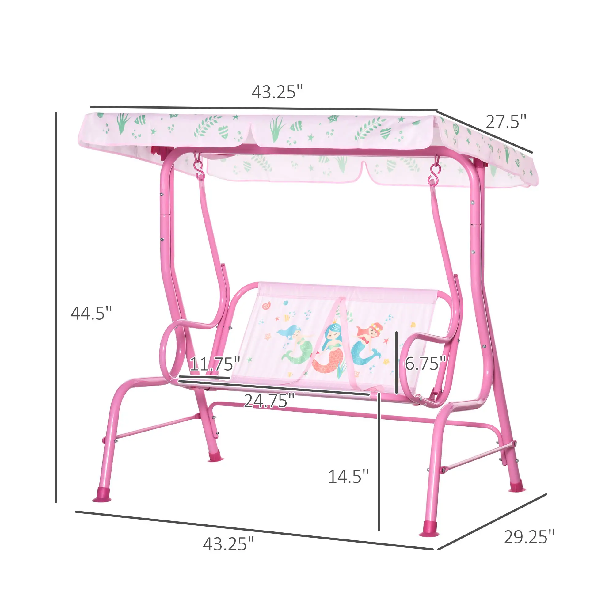 2-Seat Kids Porch Swing, Outdoor Chair with Canopy, Seat Belt, Mermaid, Pink - Image 3