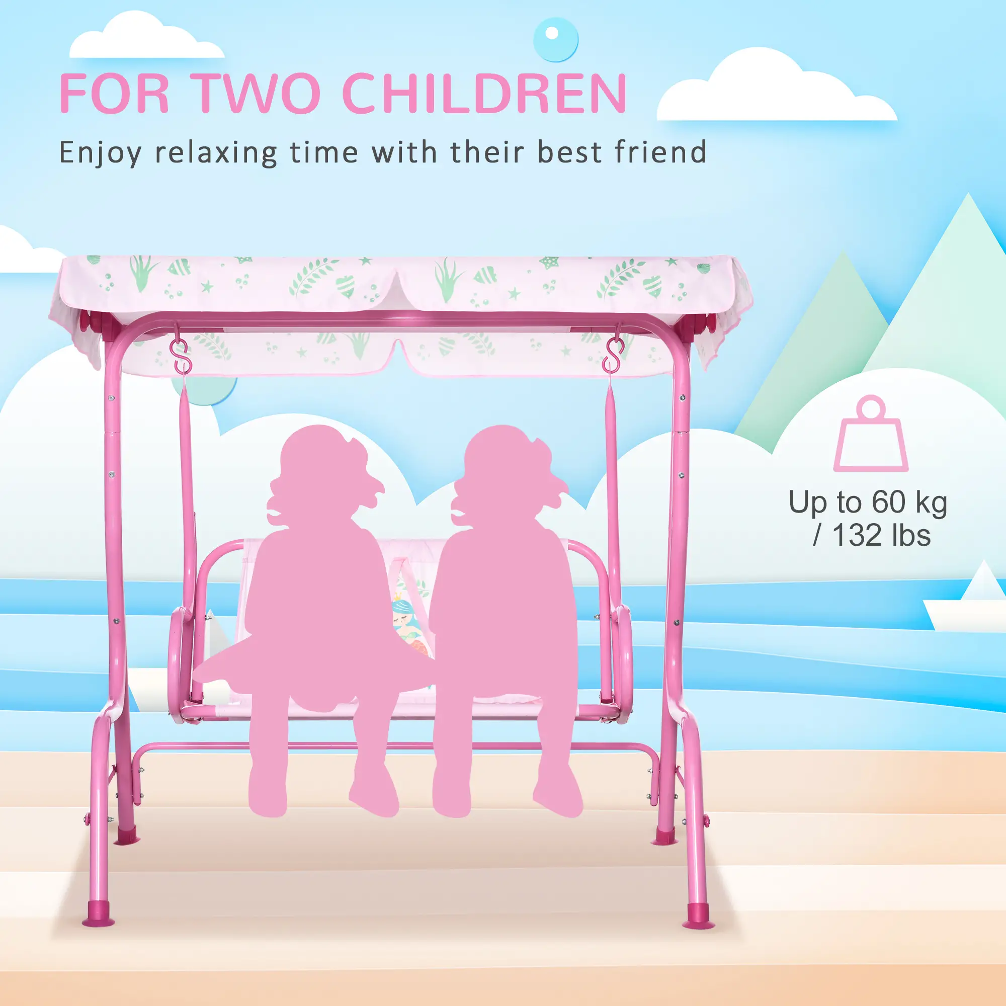 2-Seat Kids Porch Swing, Outdoor Chair with Canopy, Seat Belt, Mermaid, Pink - Image 4