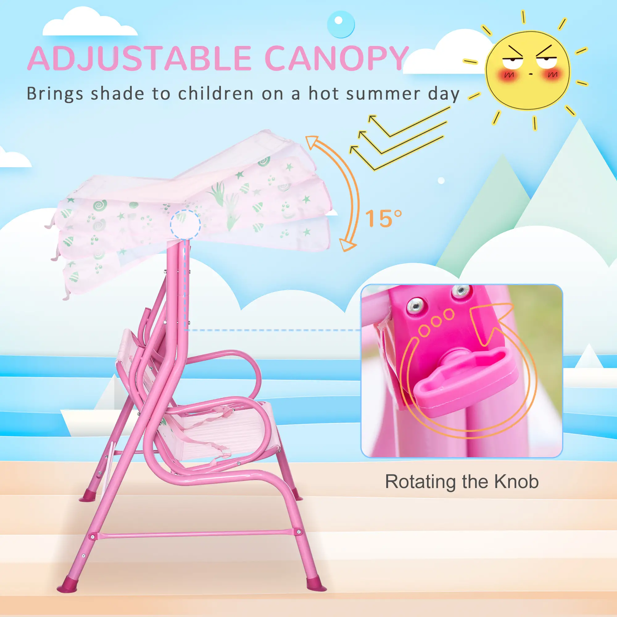 2-Seat Kids Porch Swing, Outdoor Chair with Canopy, Seat Belt, Mermaid, Pink - Image 5