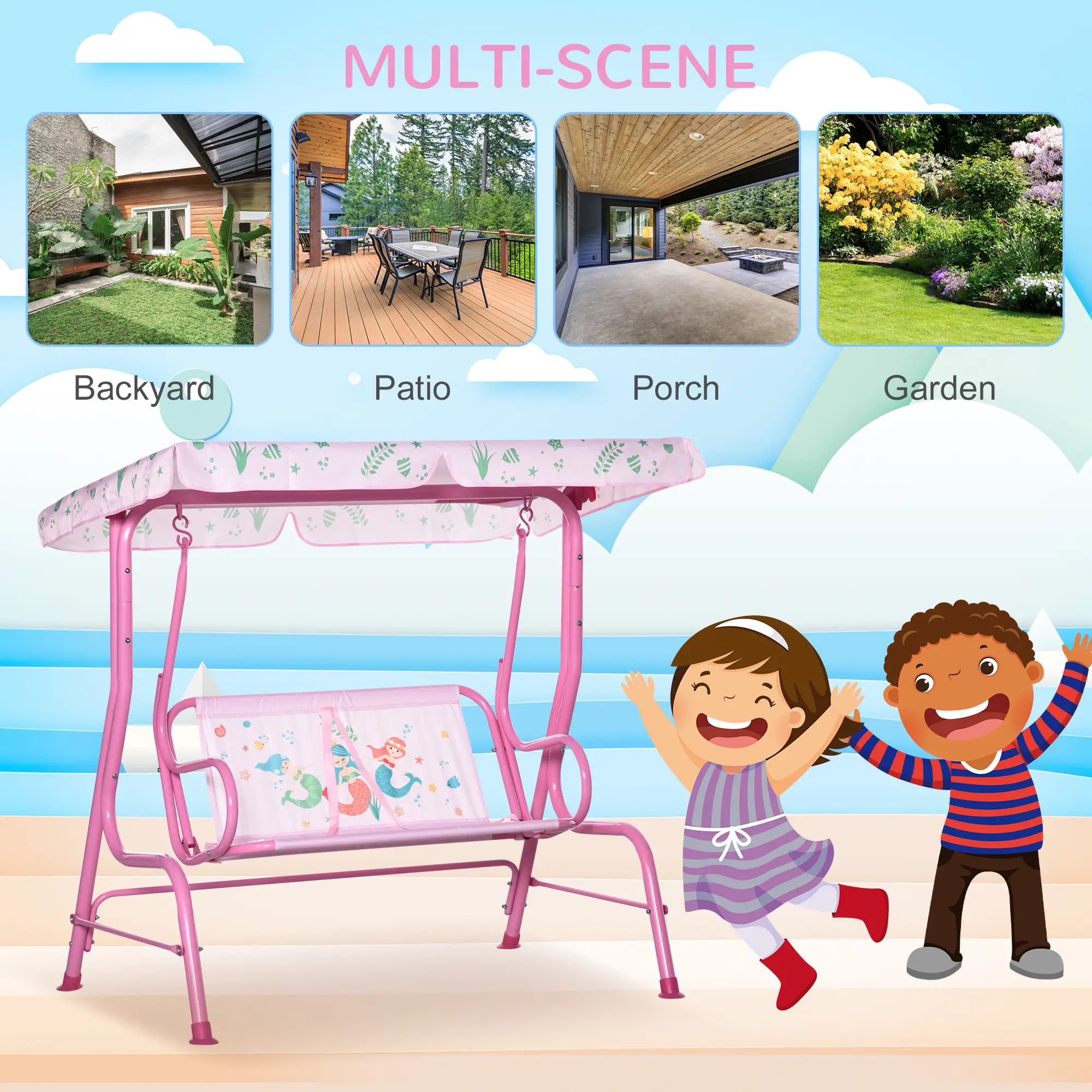 2-Seat Kids Porch Swing, Outdoor Chair with Canopy, Seat Belt, Mermaid, Pink - Image 6