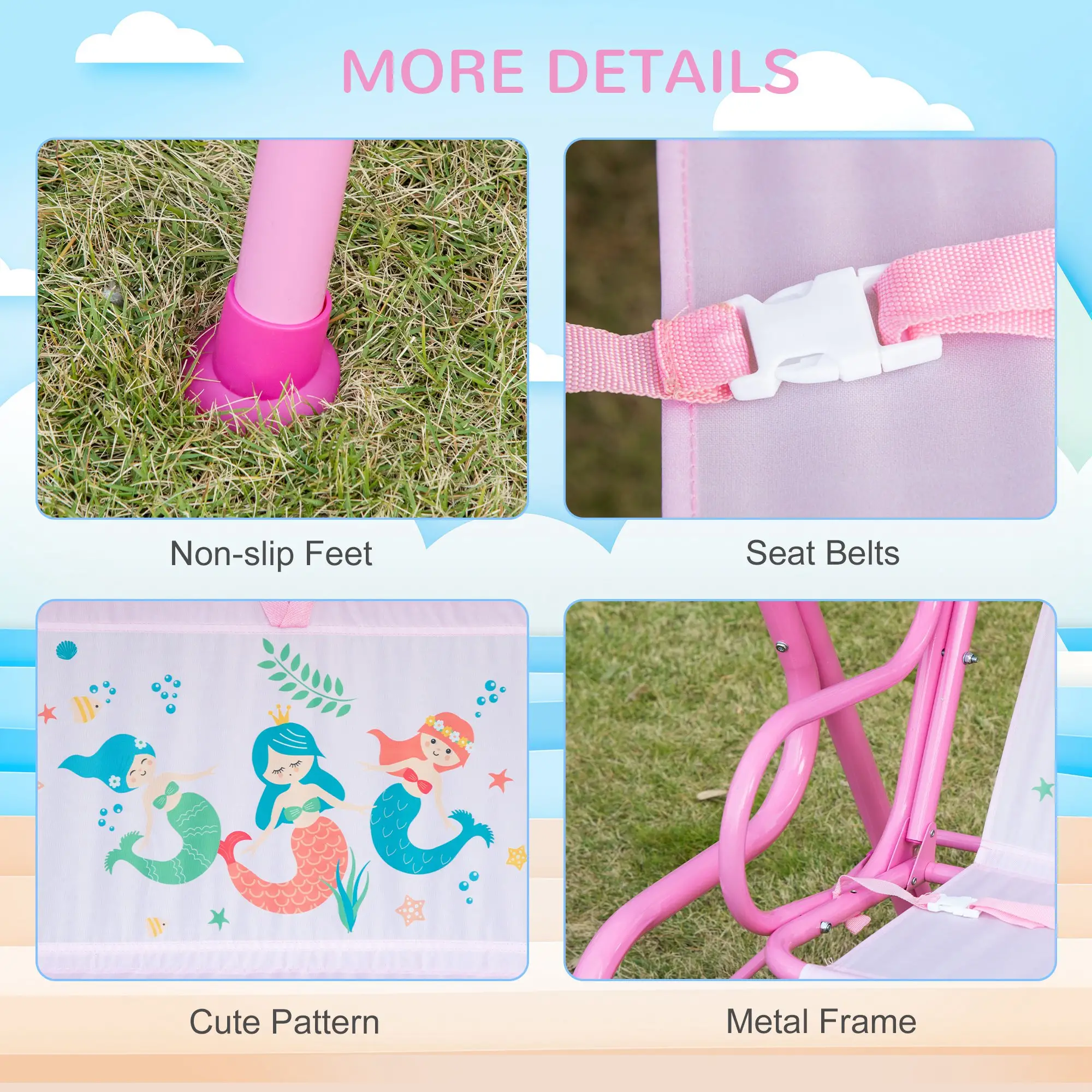 2-Seat Kids Porch Swing, Outdoor Chair with Canopy, Seat Belt, Mermaid, Pink - Image 7