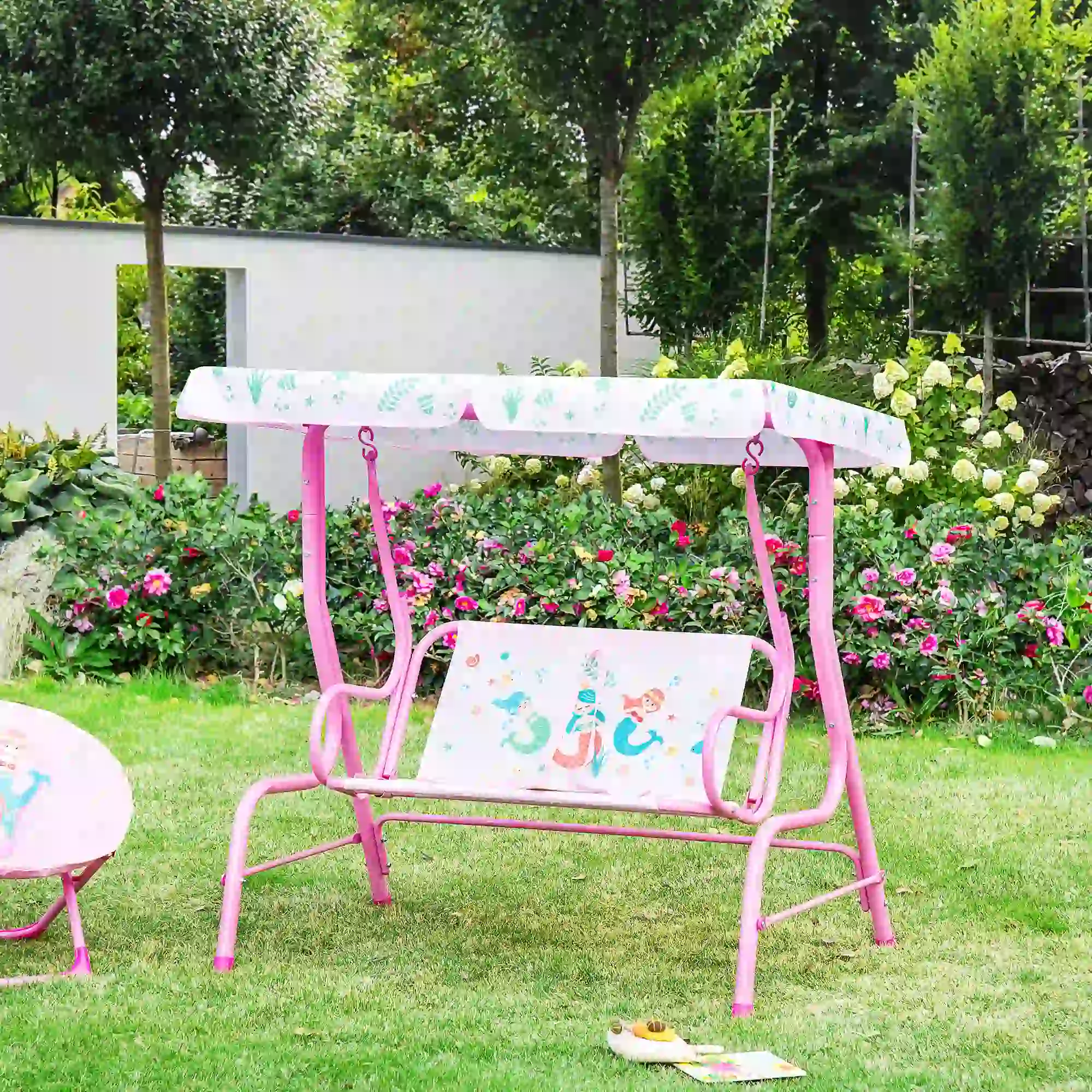 2-Seat Kids Porch Swing, Outdoor Chair with Canopy, Seat Belt, Mermaid, Pink - Image 8